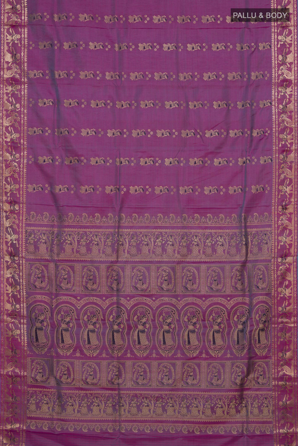 Flat view of Pure Silk Purple Baluchari Saree with Zari Butta on the body and Zari Border. 