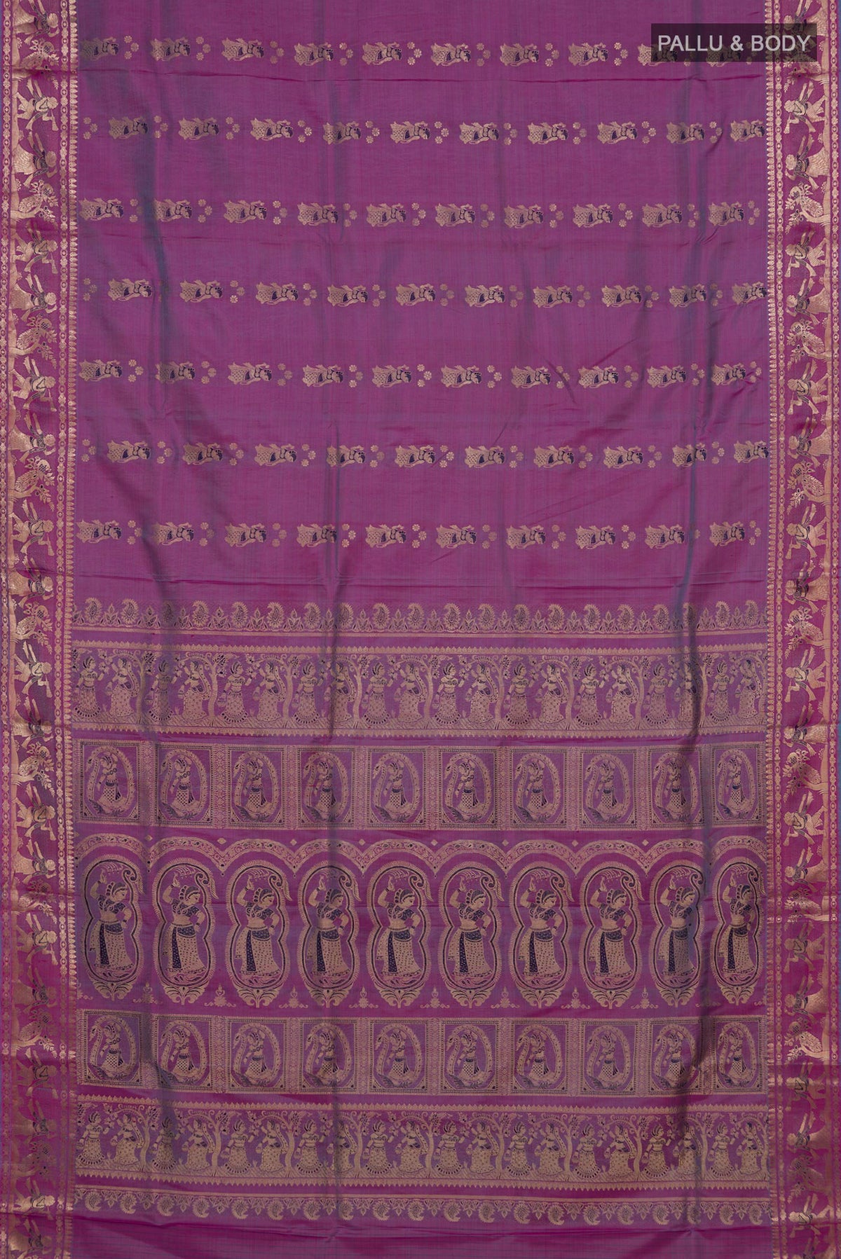 Flat view of Pure Silk Purple Baluchari Saree with Zari Butta on the body and Zari Border. 