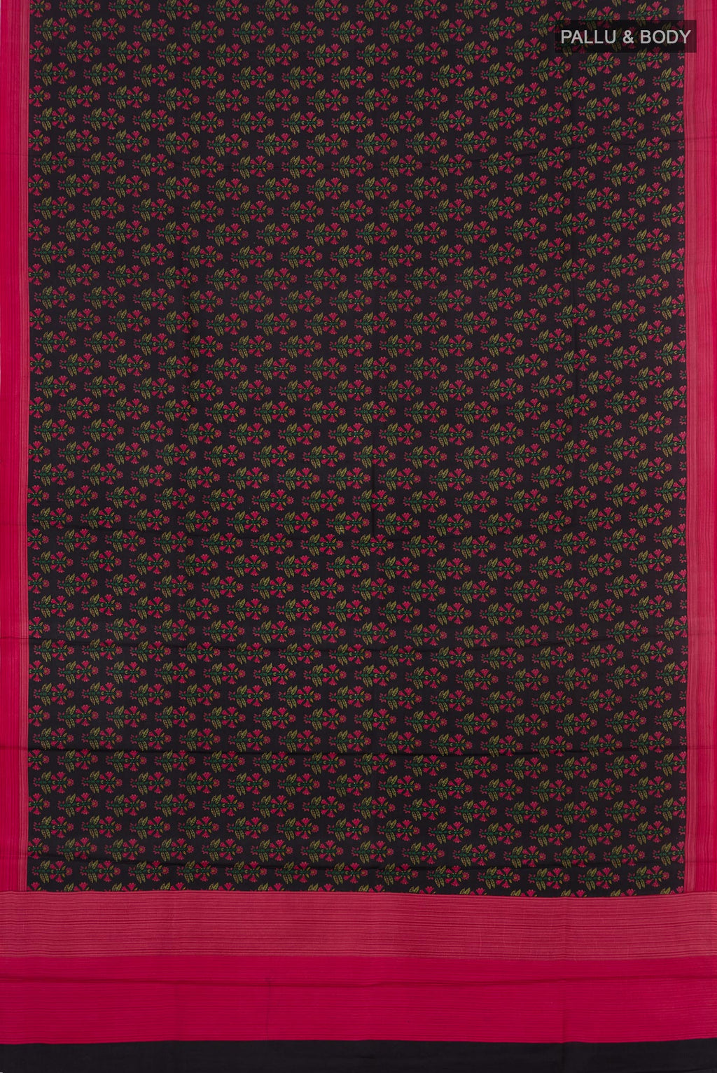 Flat view of Black Crepe Saree with Printed design on the body and Plain Border. 