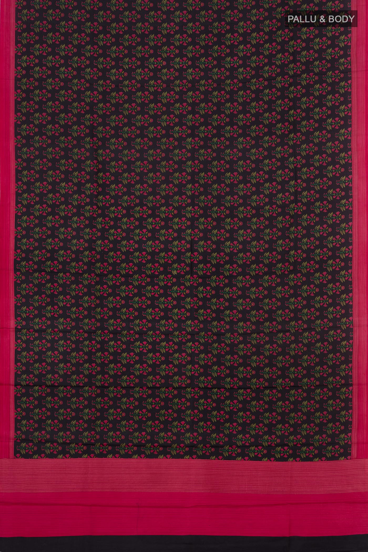 Flat view of Black Crepe Saree with Printed design on the body and Plain Border. 