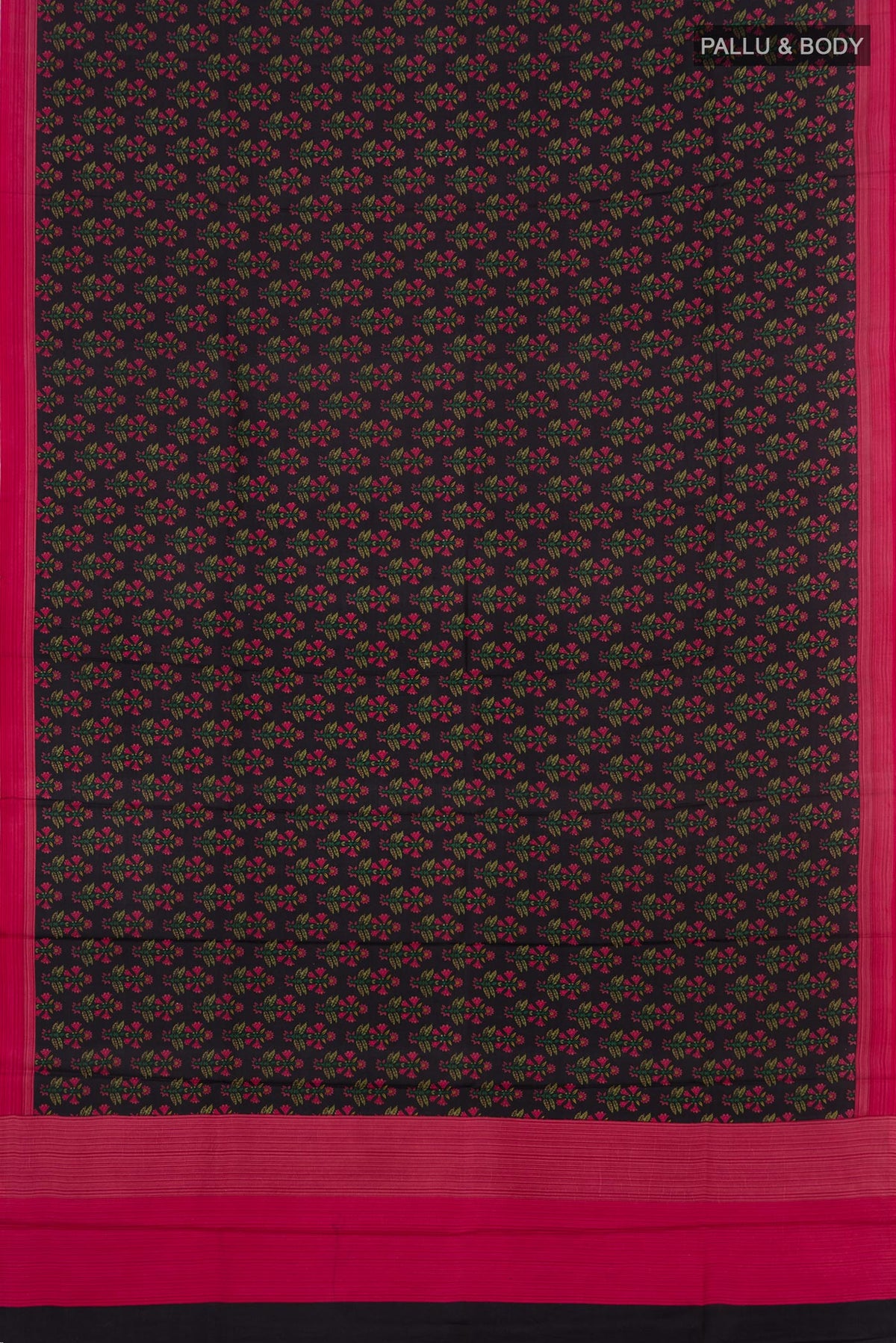 Flat view of Black Crepe Saree with Printed design on the body and Plain Border. 
