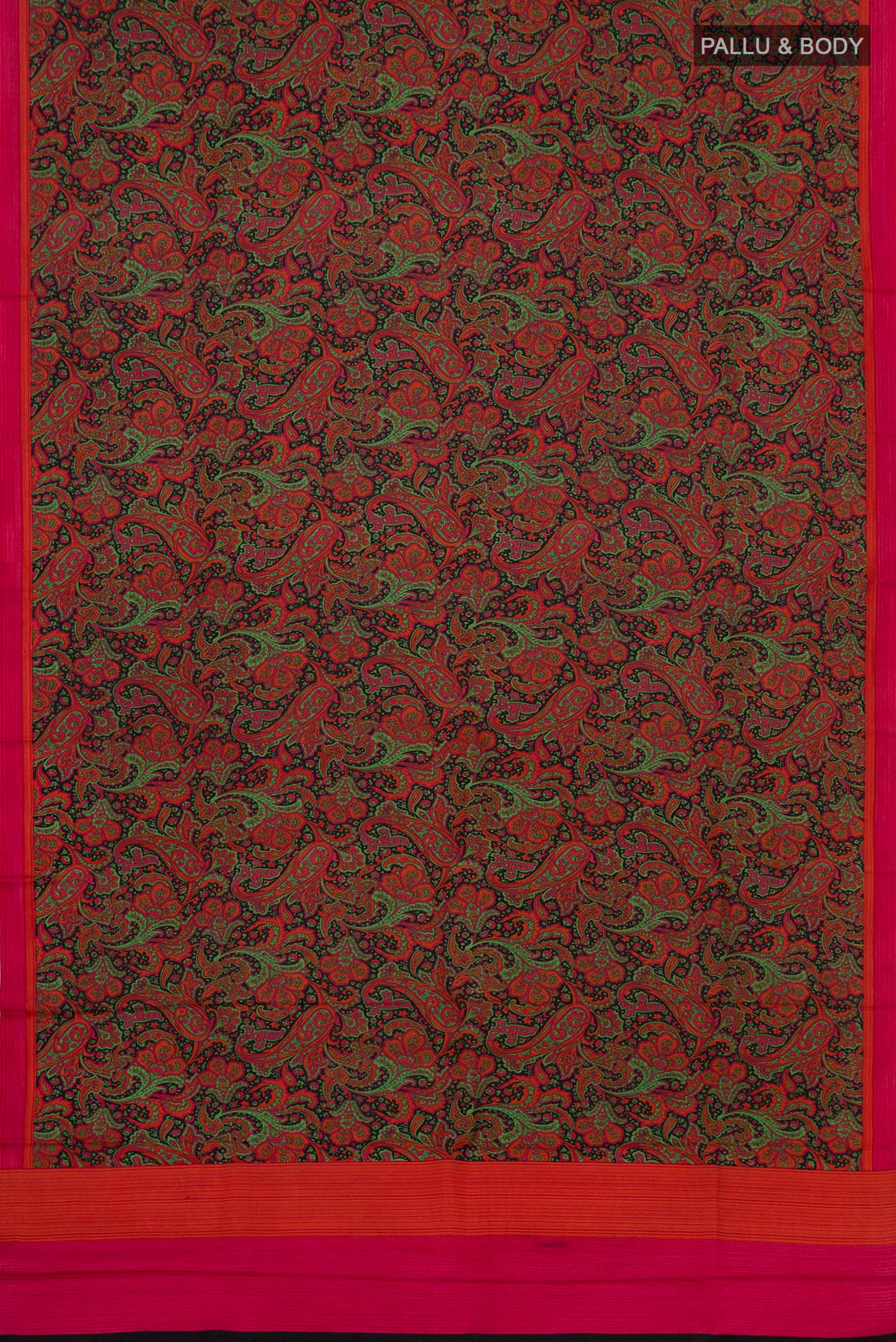 Flat view of Black Printed Silk Saree with Printed design on the body and Plain Border. 