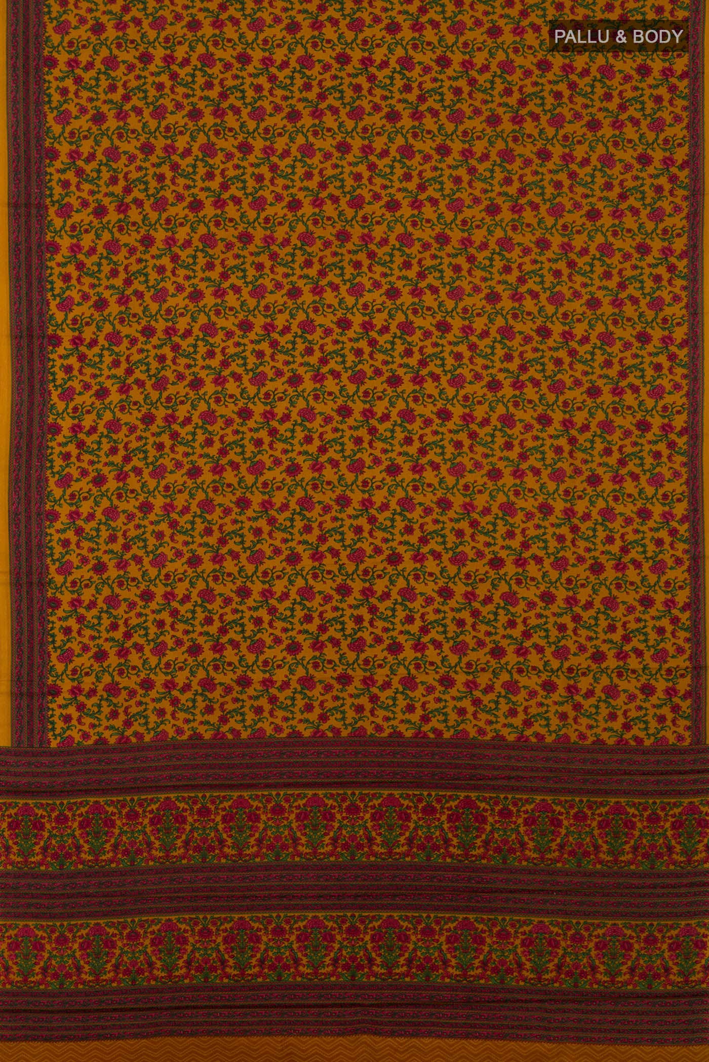 Flat view of Mustard Printed Silk Saree with Printed design on the body and Printed Border. 