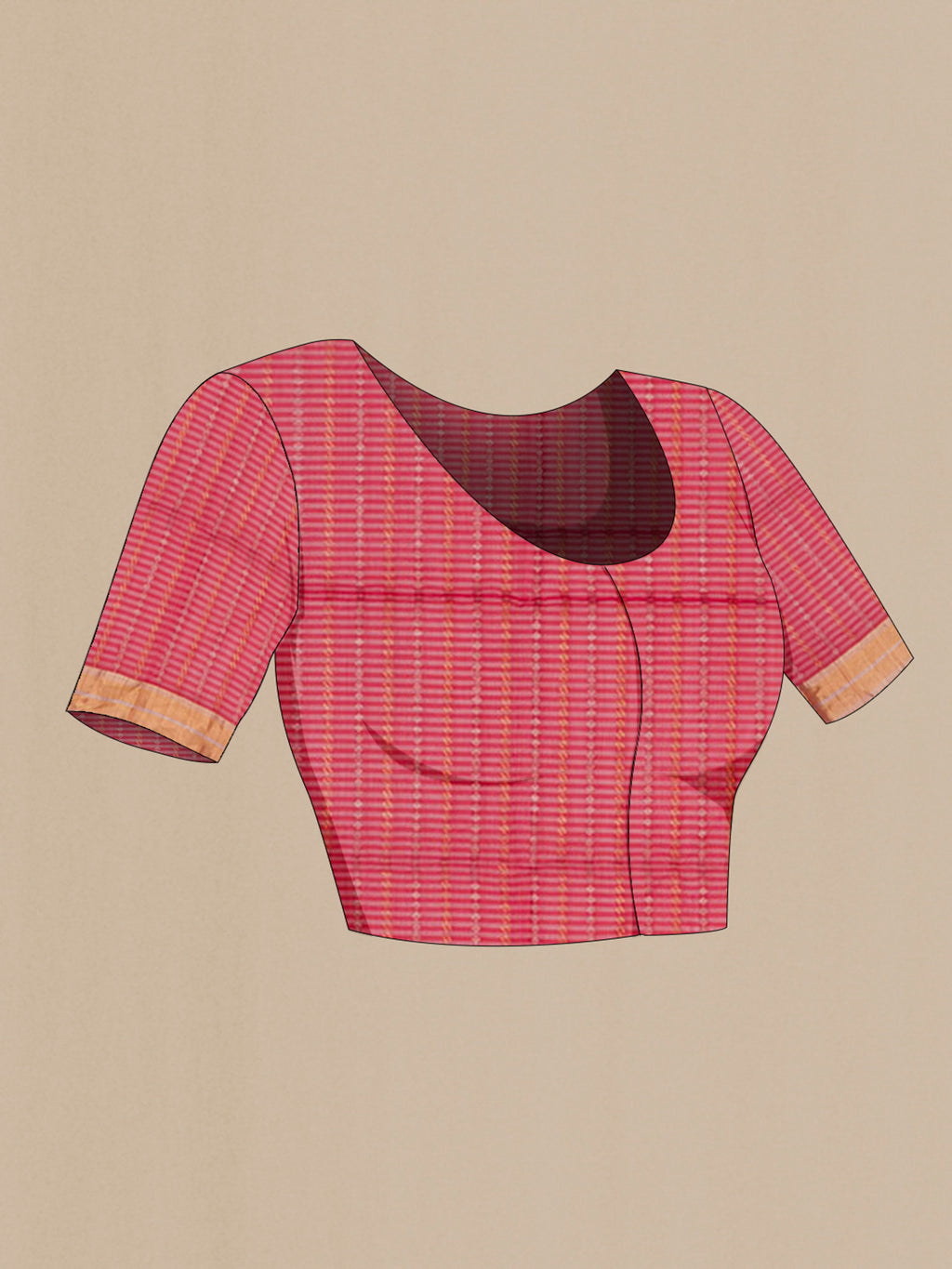 Close up image of the blouse of Red Silk Cotton Saree with Checked design on the body and Zari Border. 