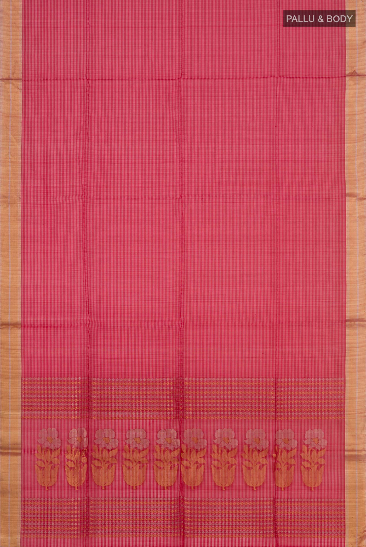Flat view of Red Silk Cotton Saree with Checked design on the body and Zari Border. 