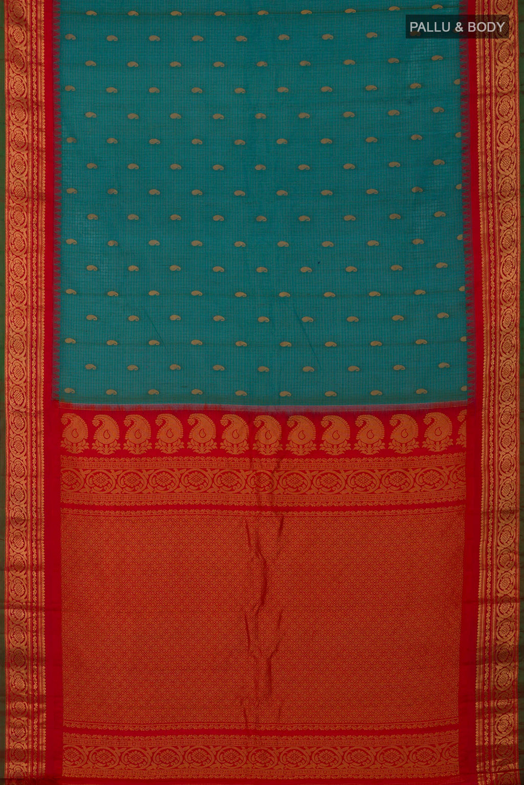 Flat view of Blue Gadwal Silk Cotton Saree with Checked design on the body and Zari Border. 