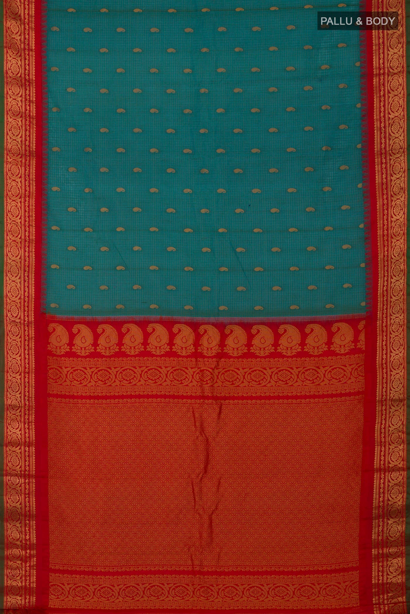 Flat view of Blue Gadwal Silk Cotton Saree with Checked design on the body and Zari Border. 
