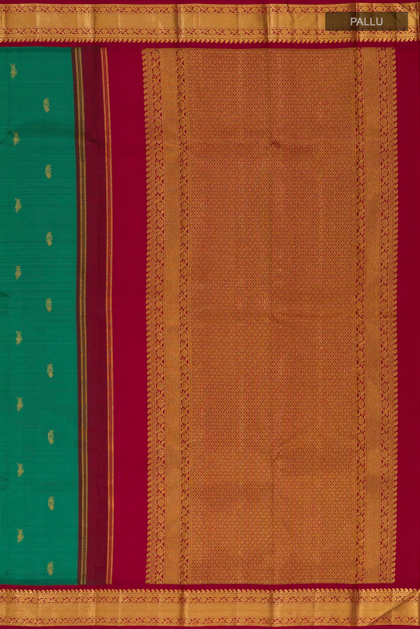 Close up image of the pallu of Pure Silk Pure Zari Green Kanchipuram Saree with Zari Butta on the body and Zari Border. 
