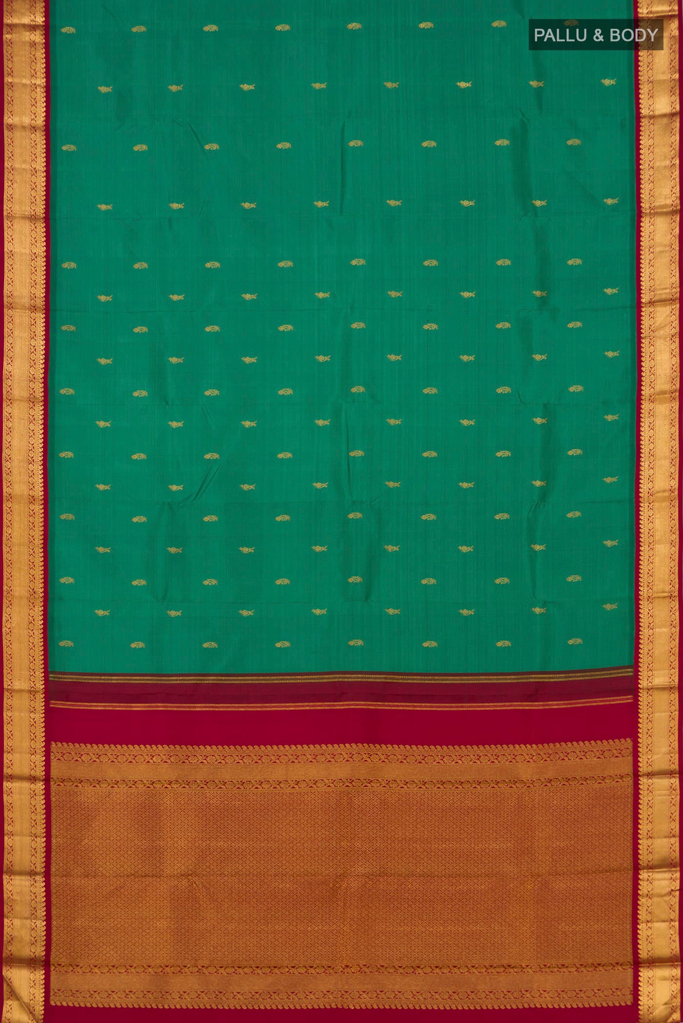 Flat view of Pure Silk Pure Zari Green Kanchipuram Saree with Zari Butta on the body and Zari Border. 