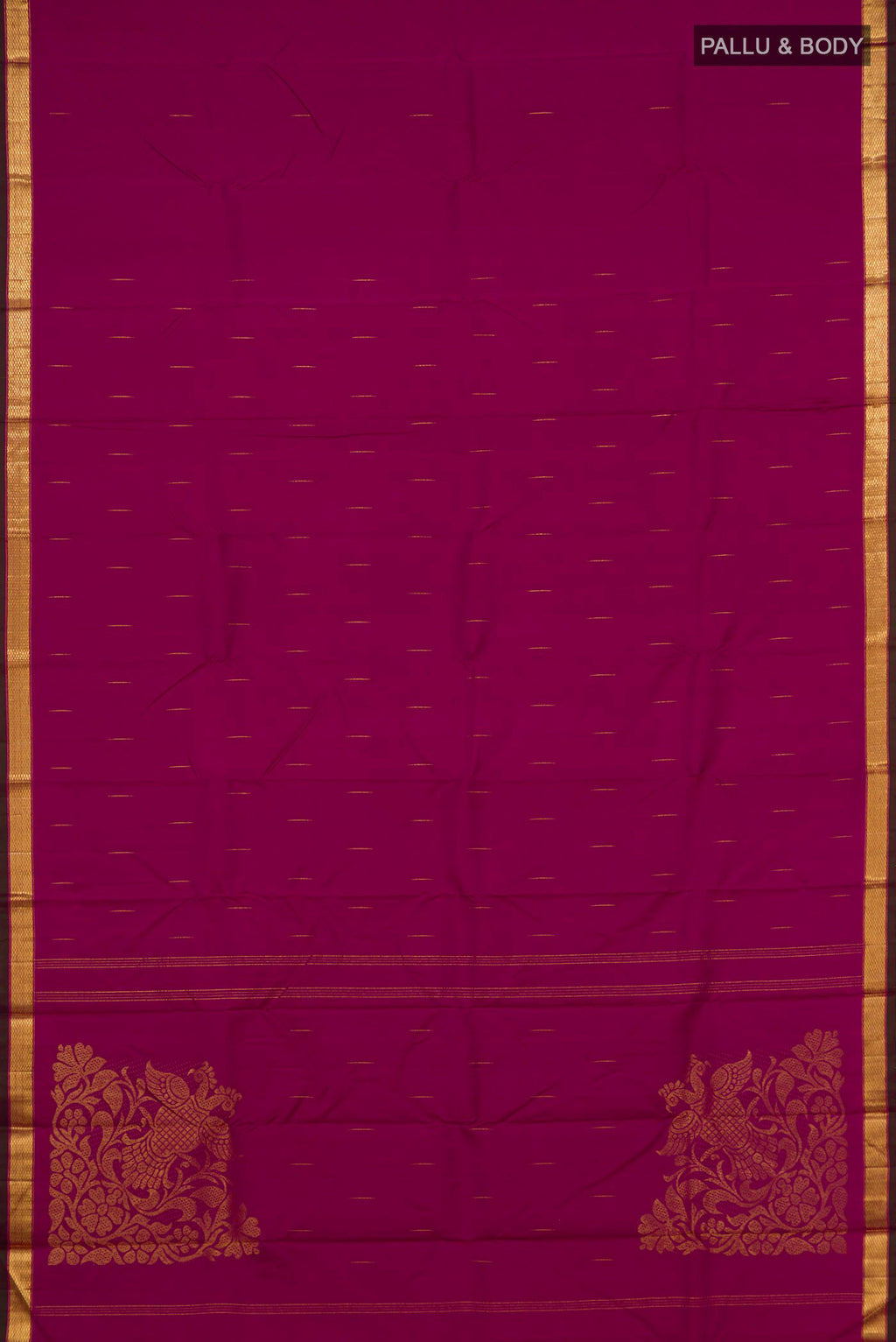 Flat view of Magenta Kanjivaram Silk Saree with Zari Butta on the body and Zari Border. 