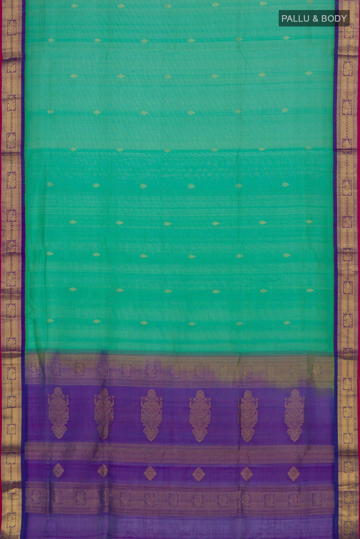 Flat view of Green Coimbatore Silk Cotton Saree with Zari Butta on the body and Zari Border. 