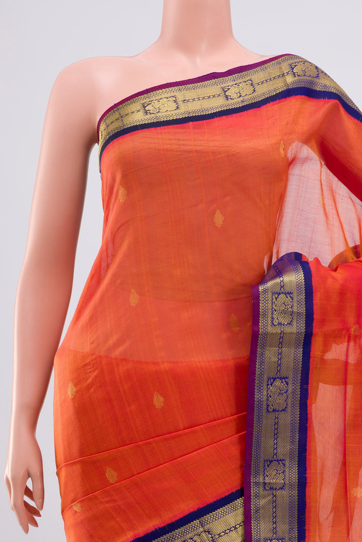 Border image of Orange Silk Cotton Saree with Zari Butta on the body and Zari Border. 
