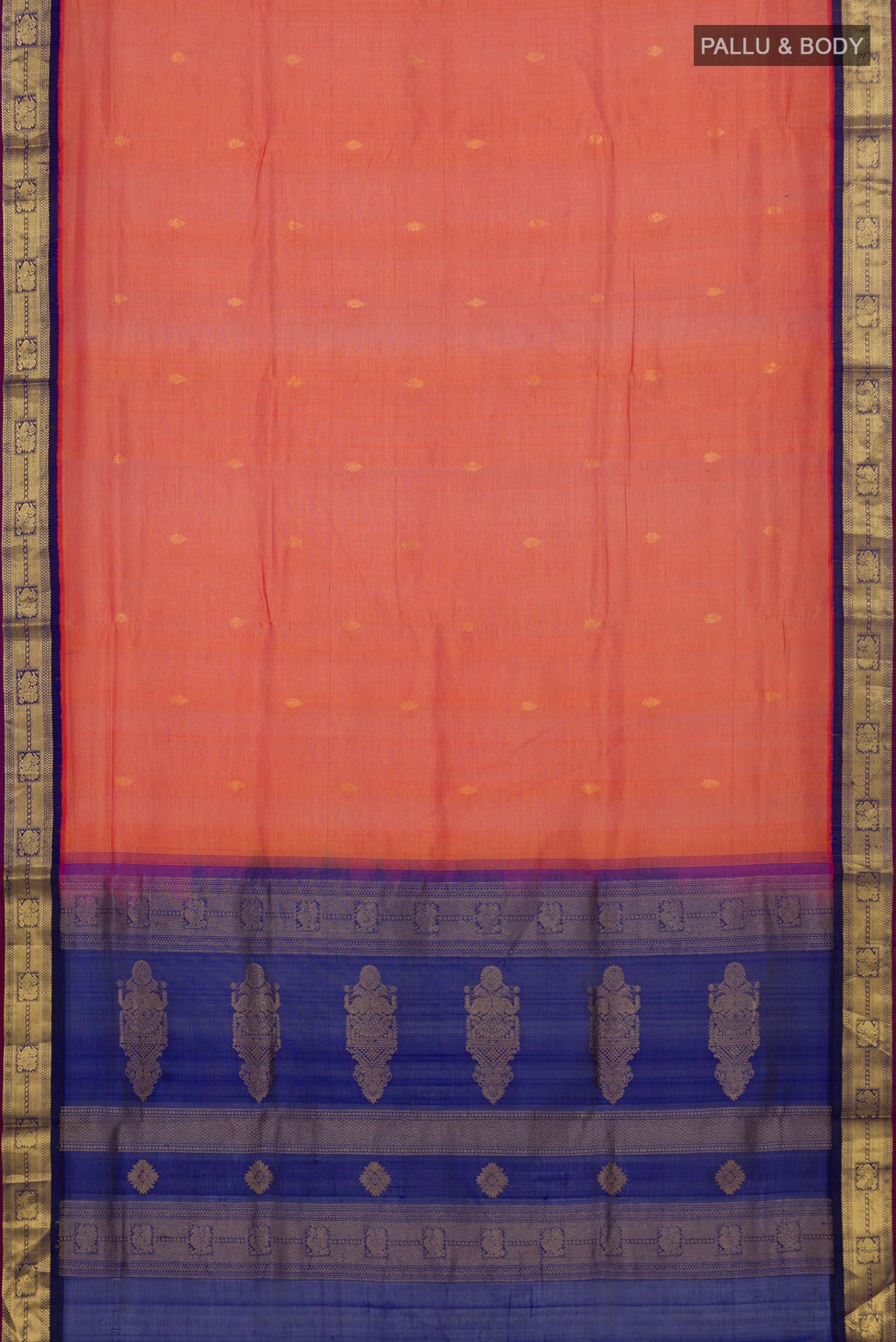 Flat view of Orange Silk Cotton Saree with Zari Butta on the body and Zari Border. 