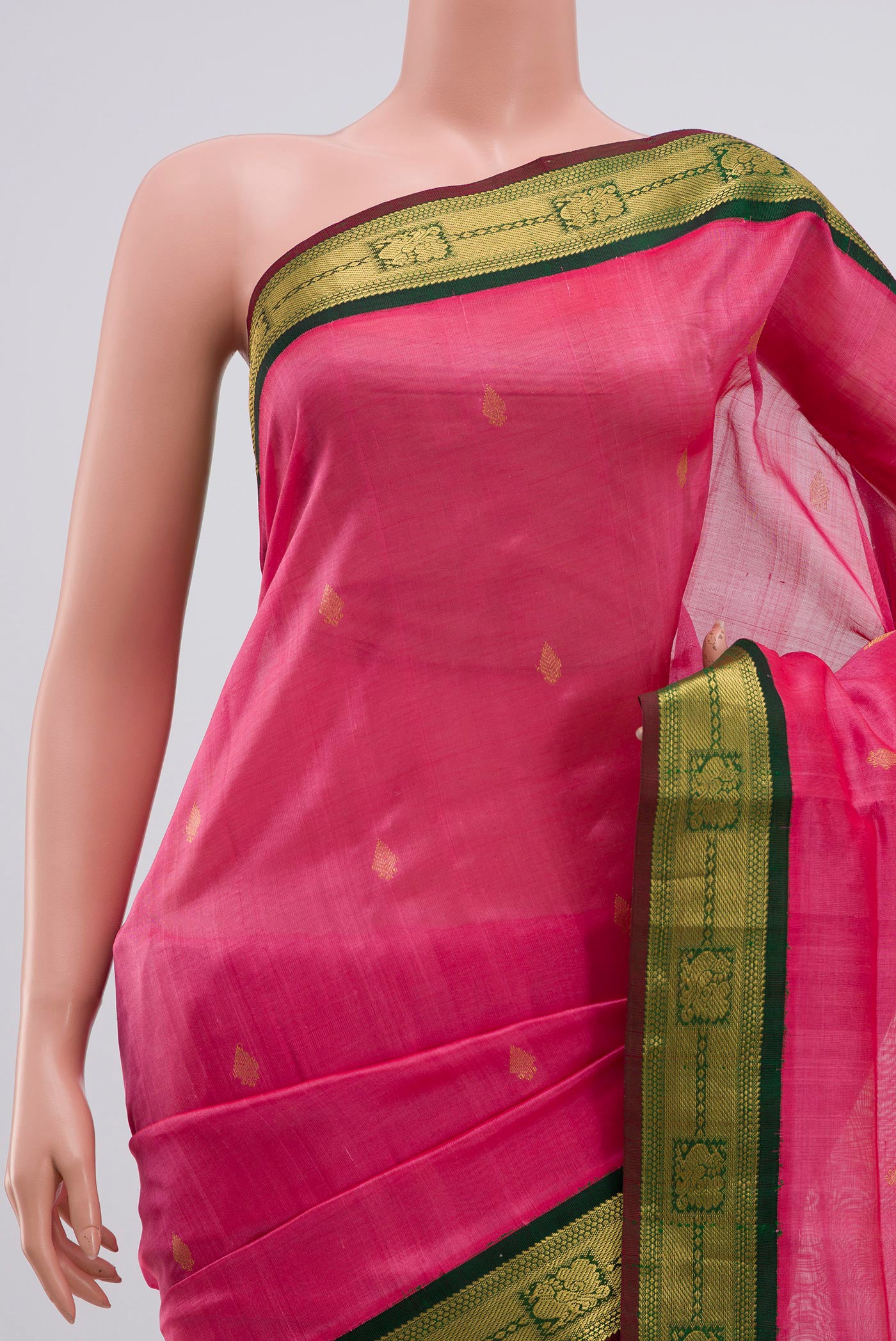 Border image of Pink Coimbatore Silk Cotton Saree with Zari Butta on the body and Zari Border. 