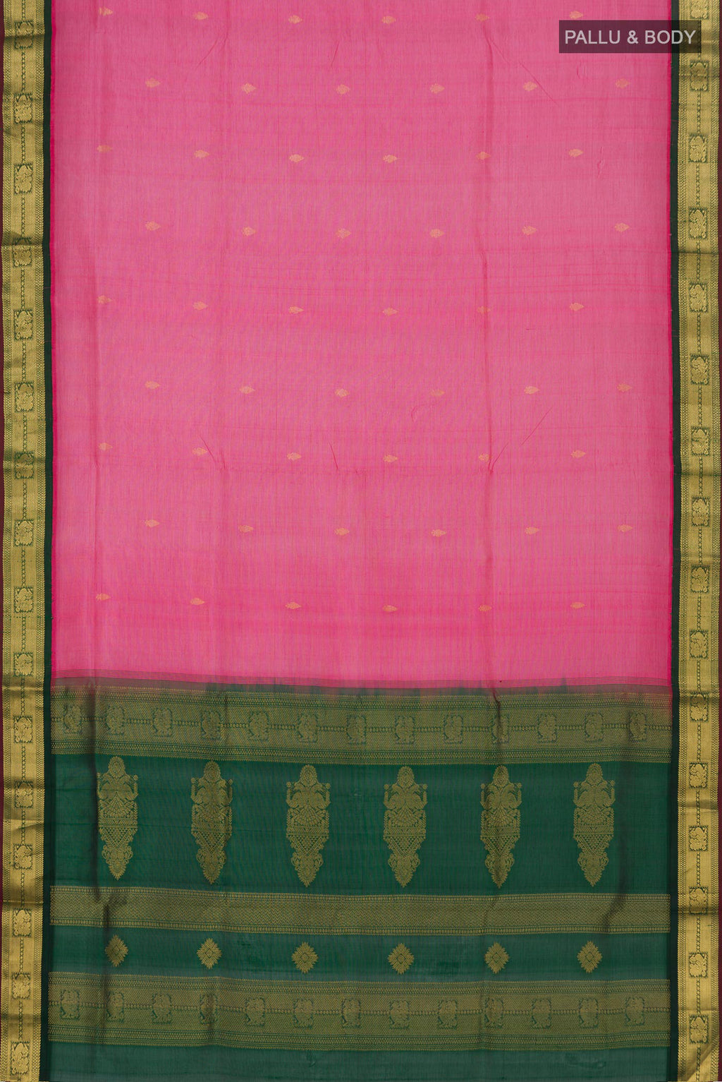 Flat view of Pink Coimbatore Silk Cotton Saree with Zari Butta on the body and Zari Border. 