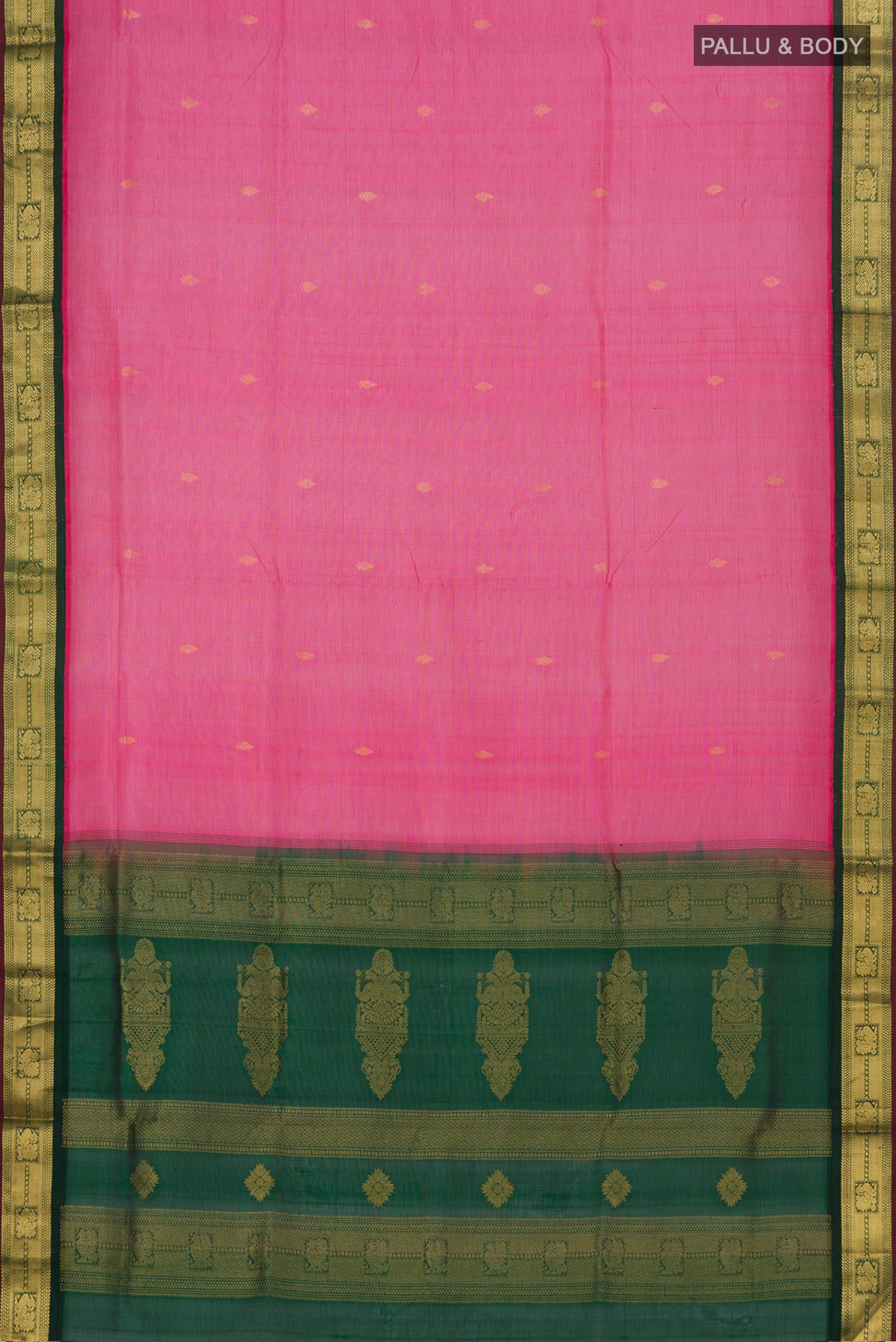 Flat view of Pink Coimbatore Silk Cotton Saree with Zari Butta on the body and Zari Border. 