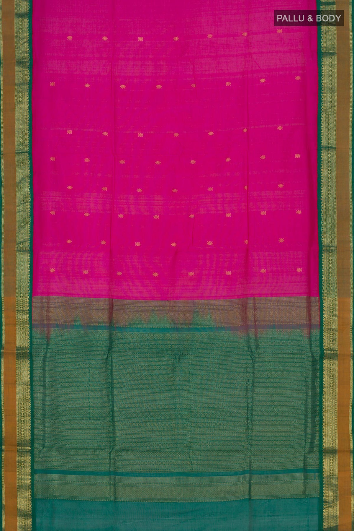 Flat view of Rani Pink Coimbatore Silk Cotton Saree with Zari Butta on the body and Zari Border. 