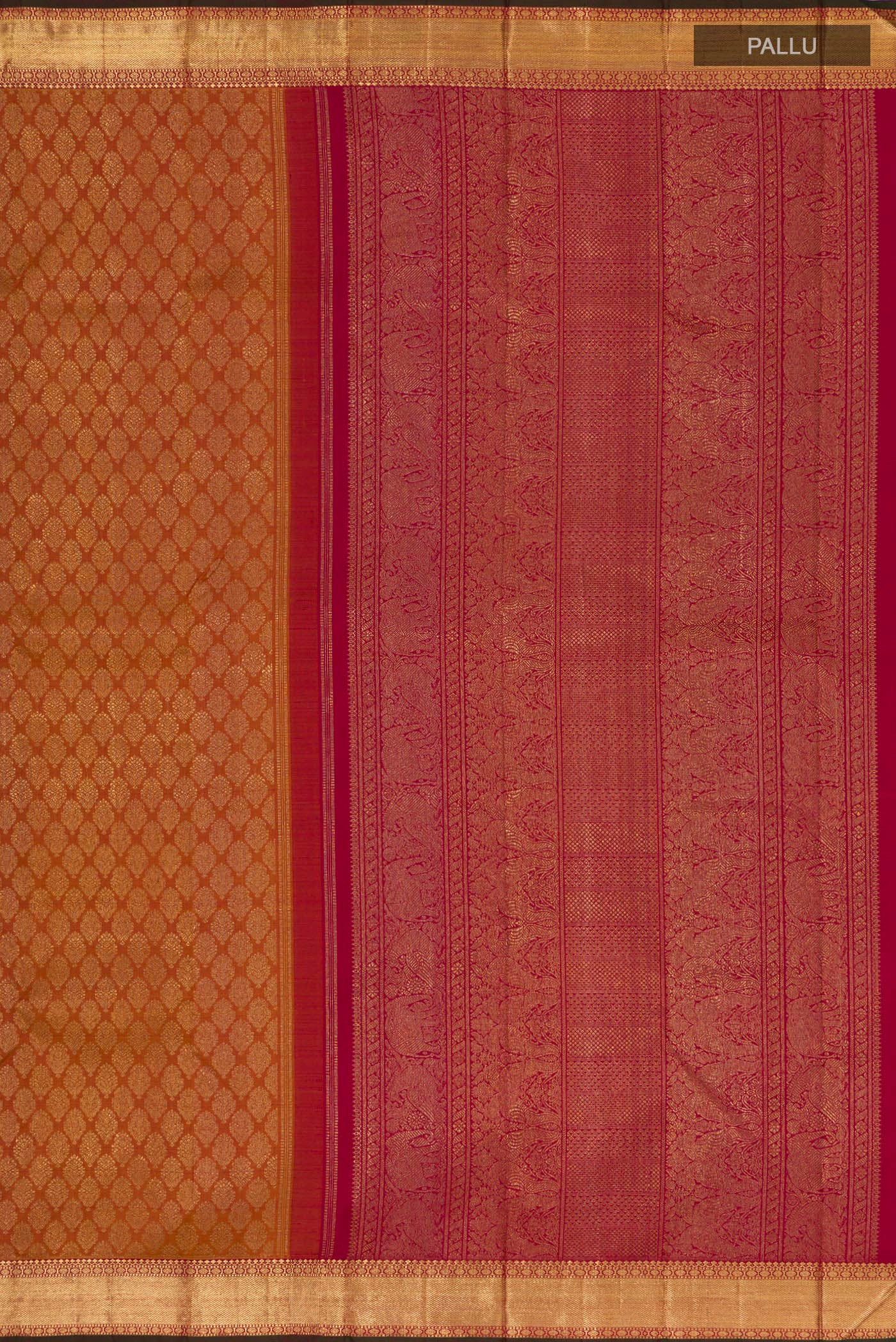 Close up image of the pallu of Pure Silk Pure Zari Orange Kanjivaram Saree with Zari Brocade on the body and Zari Border. 