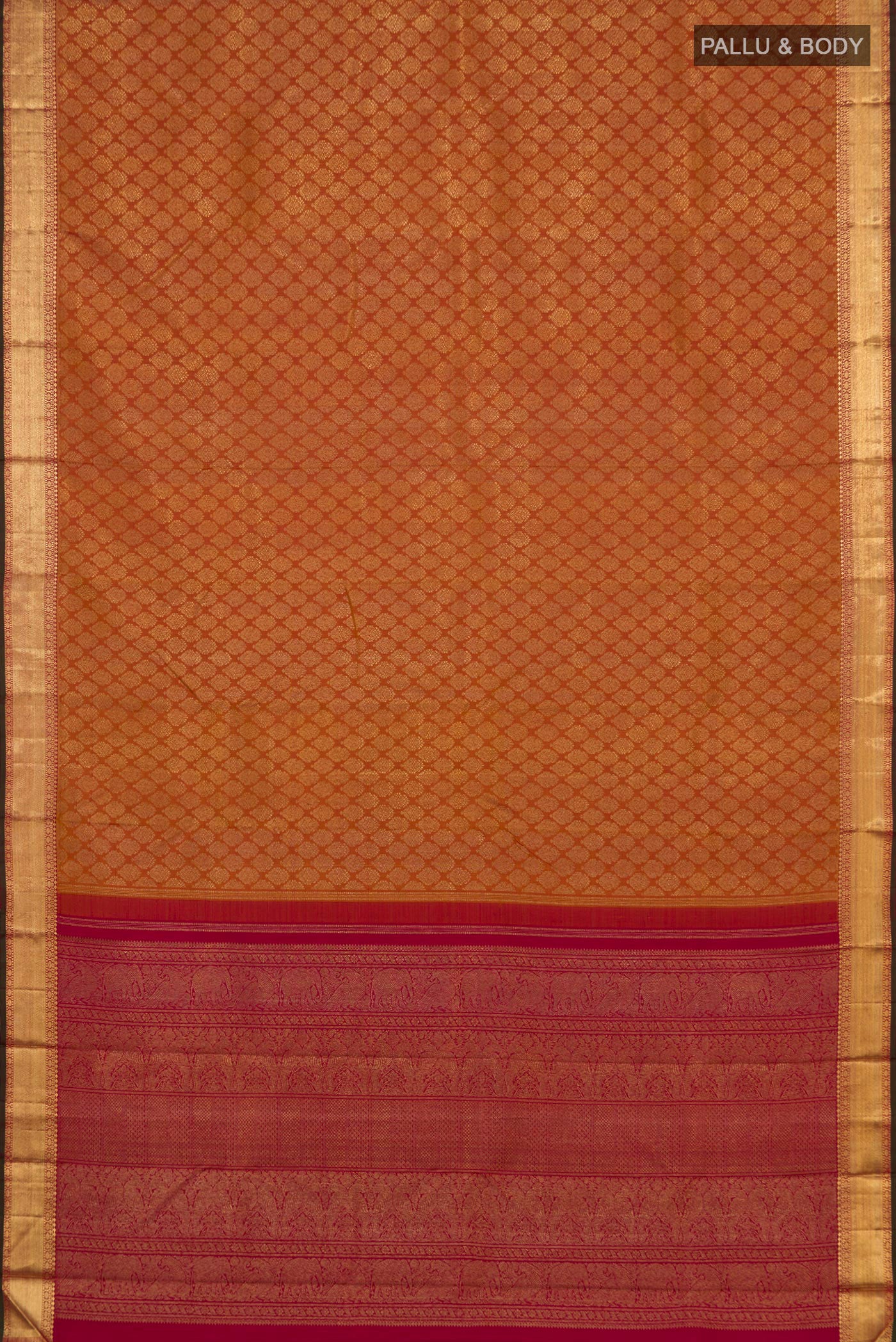 Flat view of Pure Silk Pure Zari Orange Kanjivaram Saree with Zari Brocade on the body and Zari Border. 