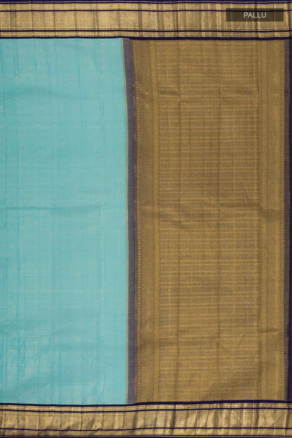 Close up image of the pallu of Pure Silk Pure Zari Sky Blue Kanchipuram Saree with Stripes on the body and Zari Border. 