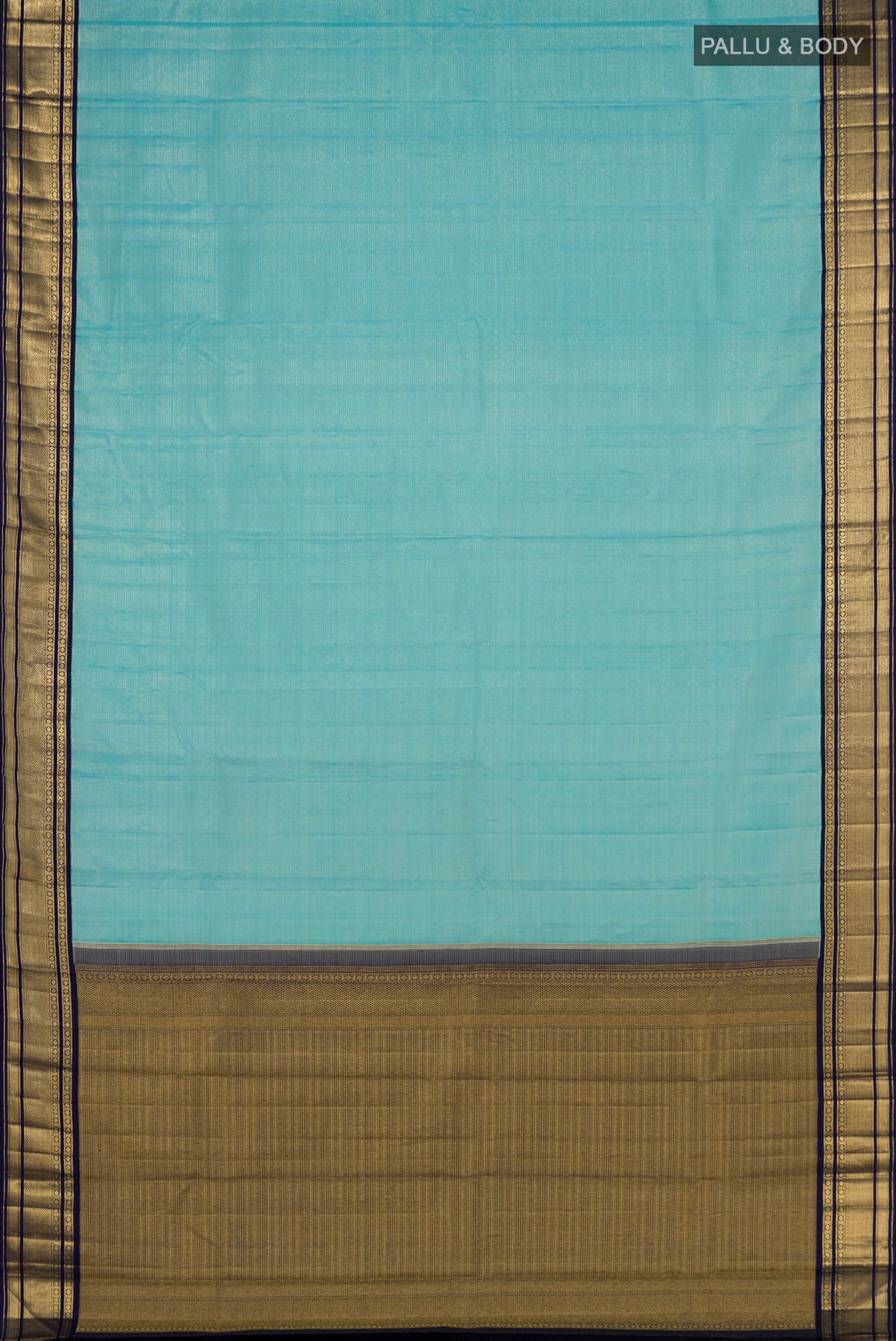 Flat view of Pure Silk Pure Zari Sky Blue Kanchipuram Saree with Stripes on the body and Zari Border. 