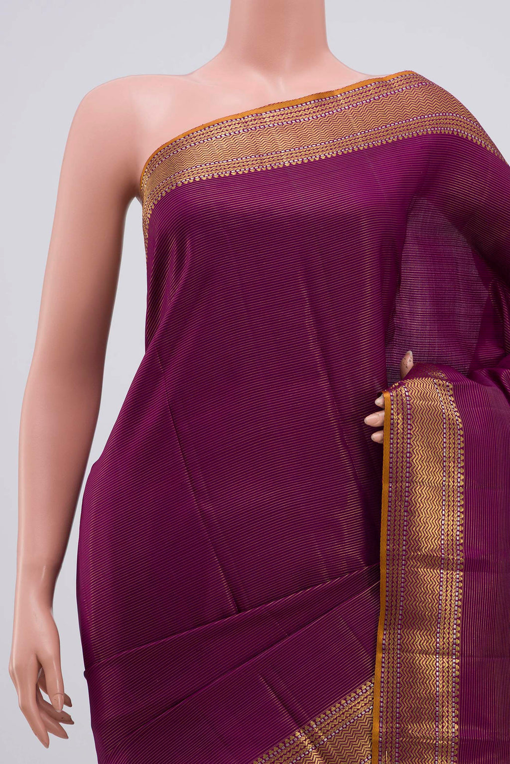 Border image of Magenta Kanjivaram Silk Saree with Stripes on the body and Zari Border. 