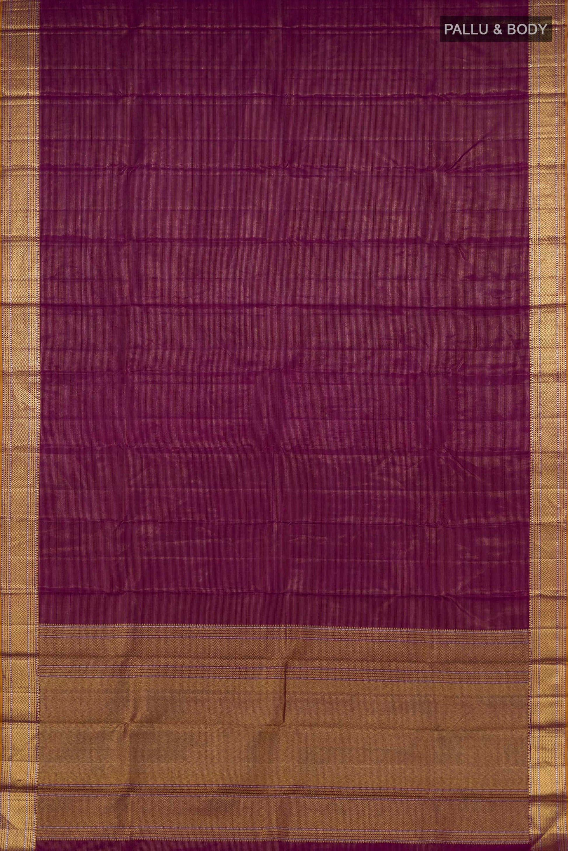 Flat view of Magenta Kanjivaram Silk Saree with Stripes on the body and Zari Border. 
