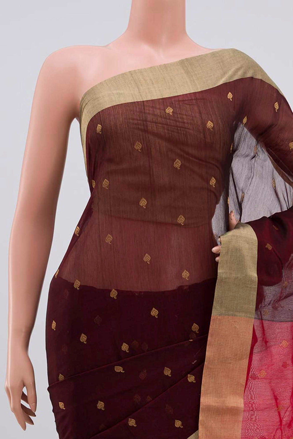 Border image of Maroon Chanderi Silk Cotton Saree with Zari Butta on the body and Zari Border. 
