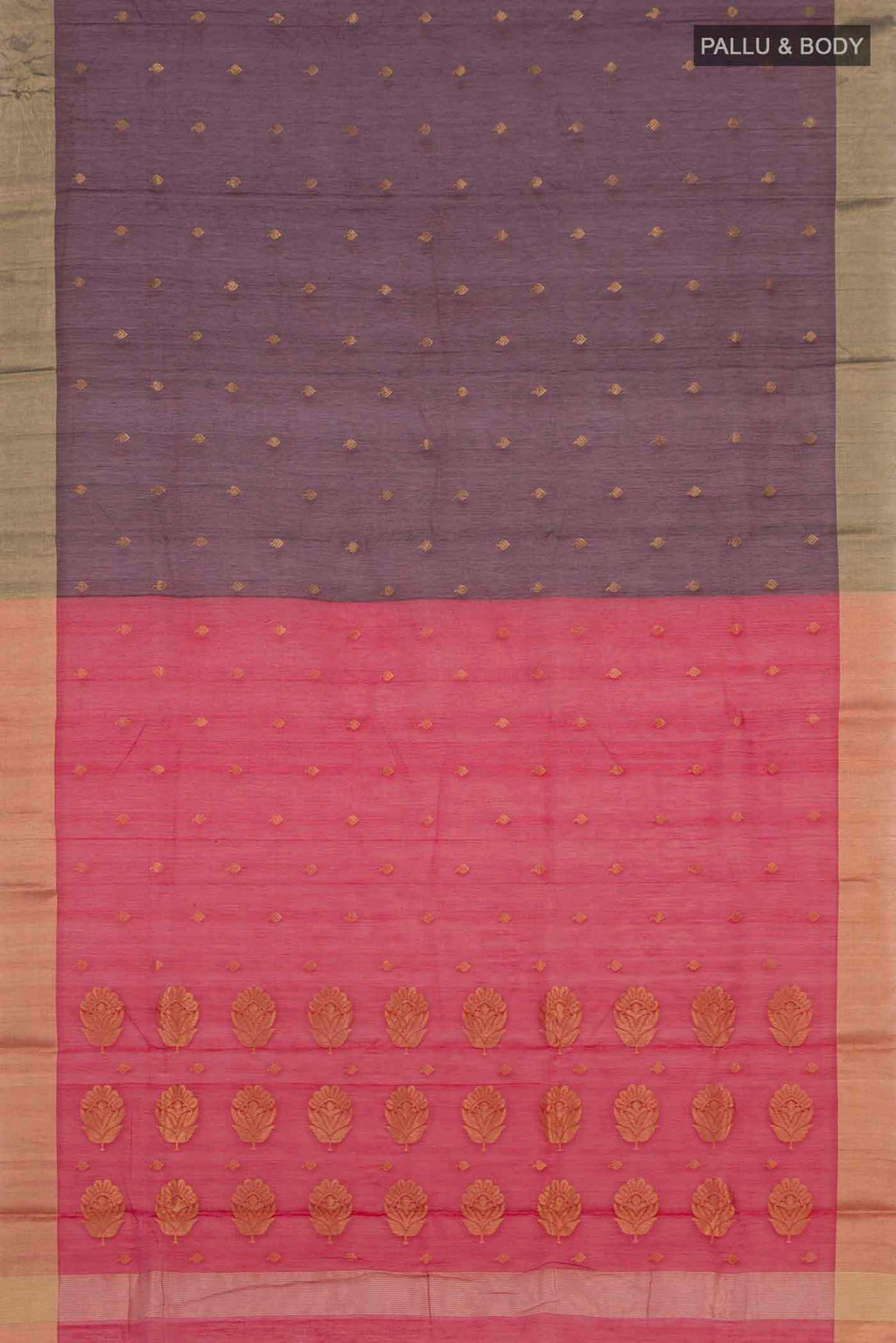 Flat view of Maroon Chanderi Silk Cotton Saree with Zari Butta on the body and Zari Border. 