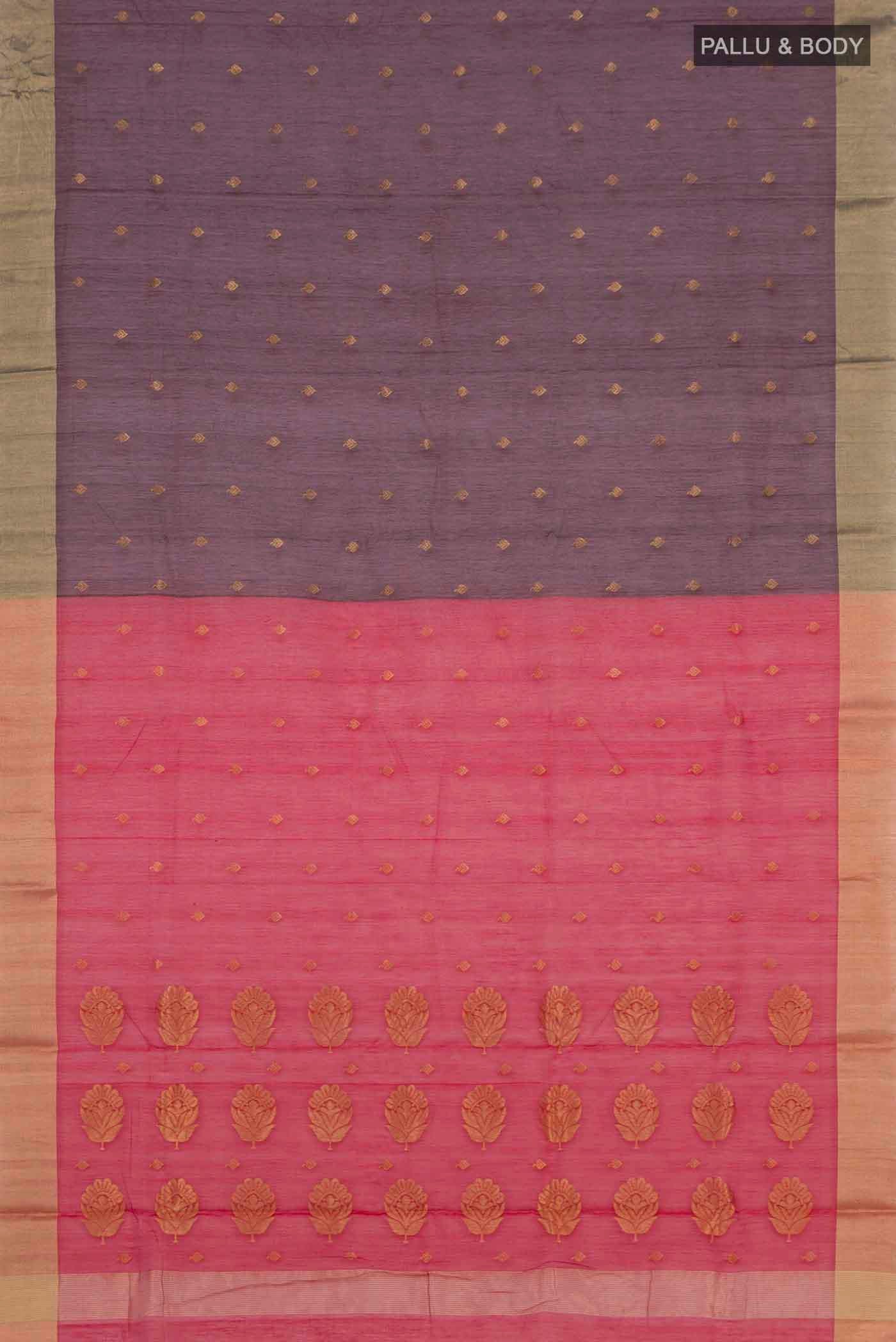 Flat view of Maroon Chanderi Silk Cotton Saree with Zari Butta on the body and Zari Border. 