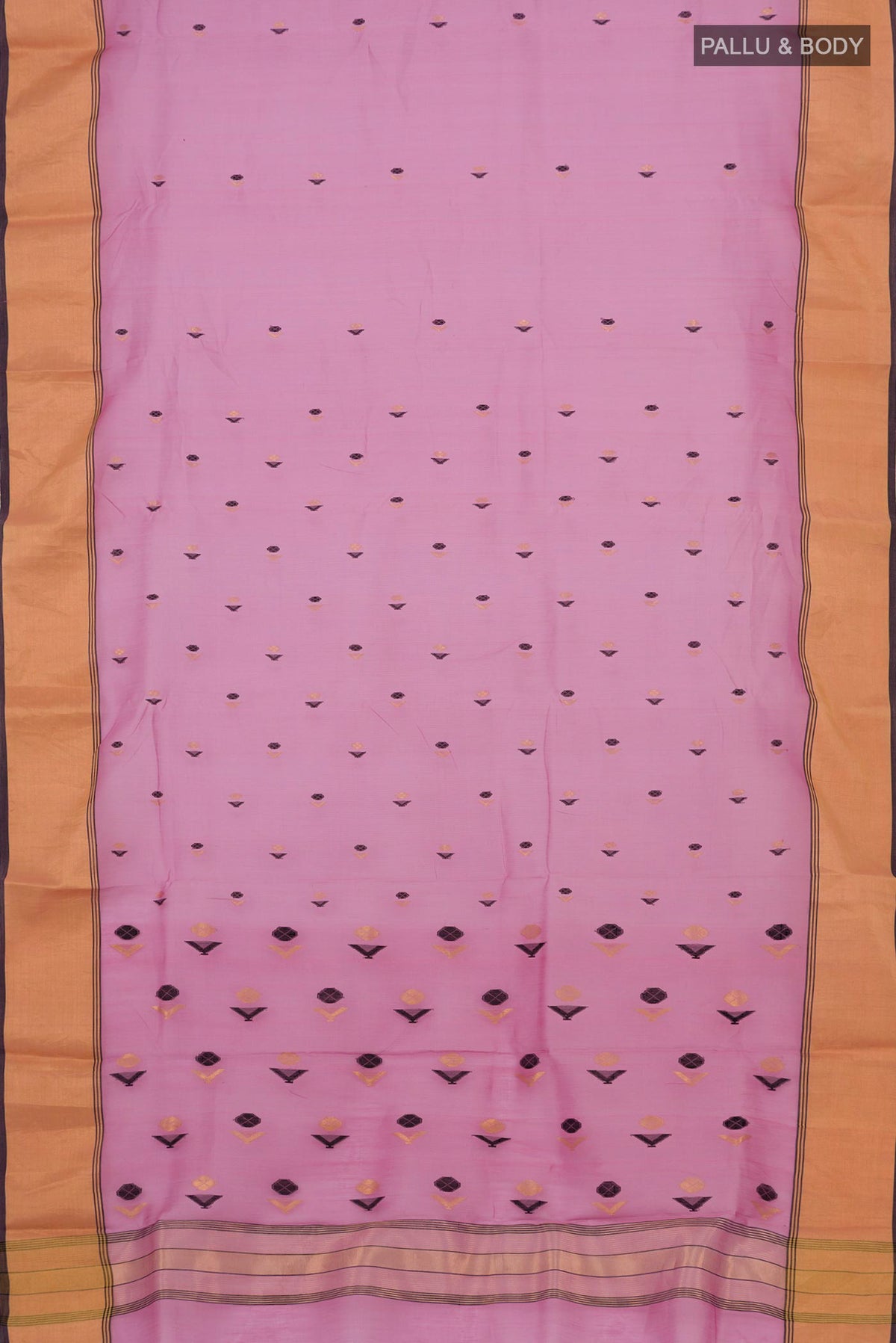 Flat view of Pink Chanderi Silk Cotton Saree with Zari Butta on the body and Zari Border. 