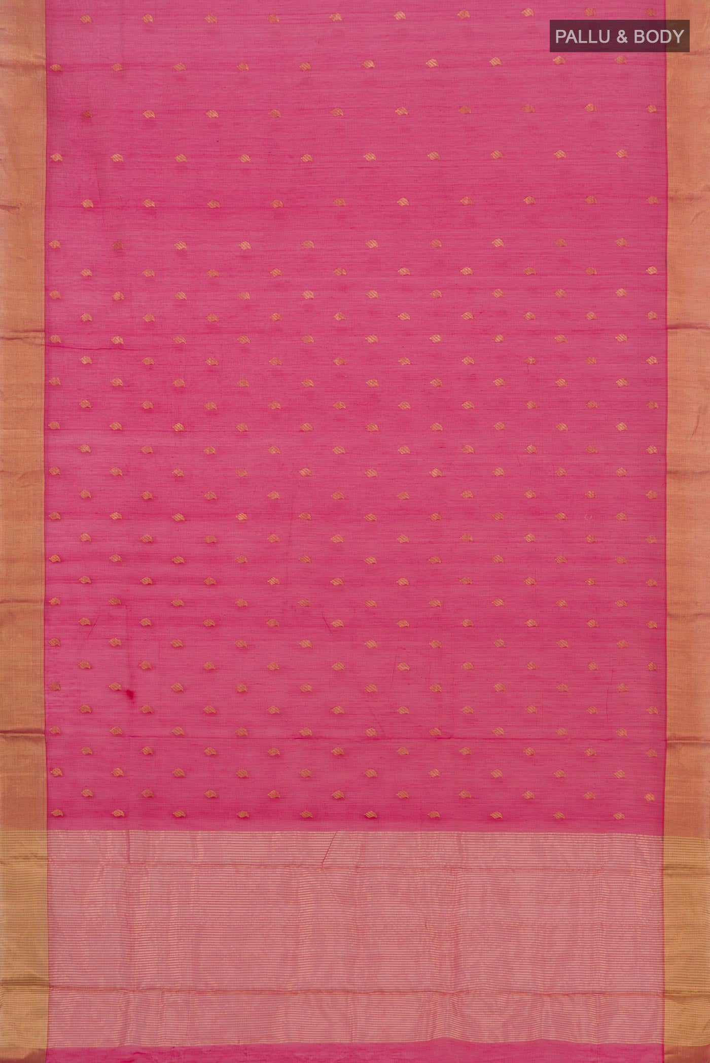 Flat view of Pink Chanderi Silk Cotton Saree with Zari Butta on the body and Zari Border. 