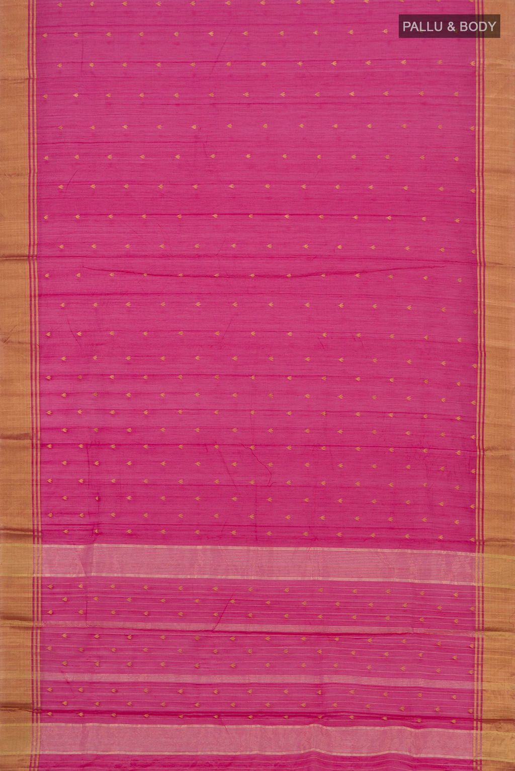 Flat view of Pink Chanderi Silk Cotton Saree with Zari Butta on the body and Zari Border. 