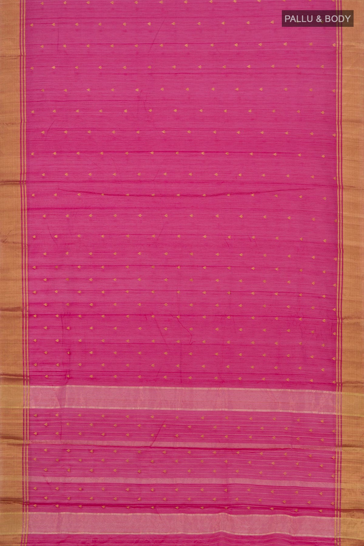 Flat view of Pink Chanderi Silk Cotton Saree with Zari Butta on the body and Zari Border. 
