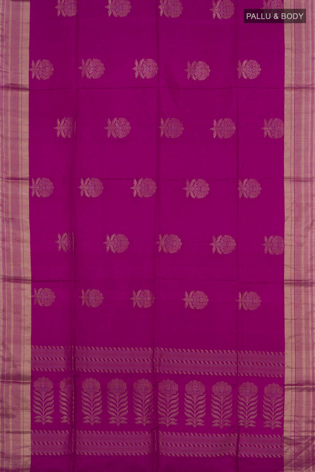 Flat view of Magenta Soft Silk Saree with Zari Butta on the body and Zari Border. 