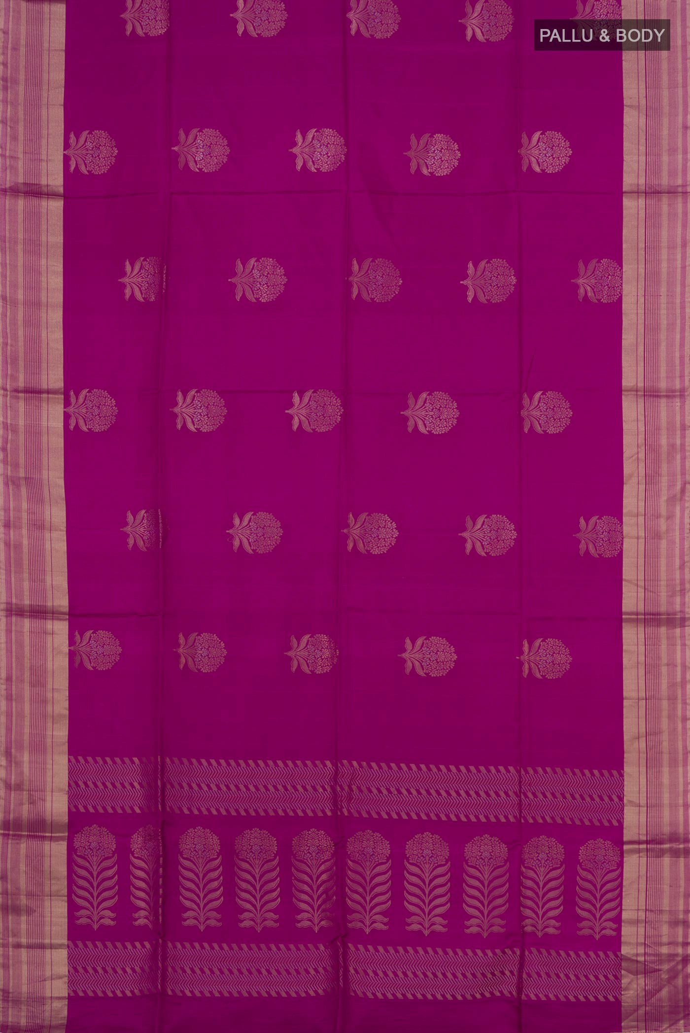 Flat view of Magenta Soft Silk Saree with Zari Butta on the body and Zari Border. 