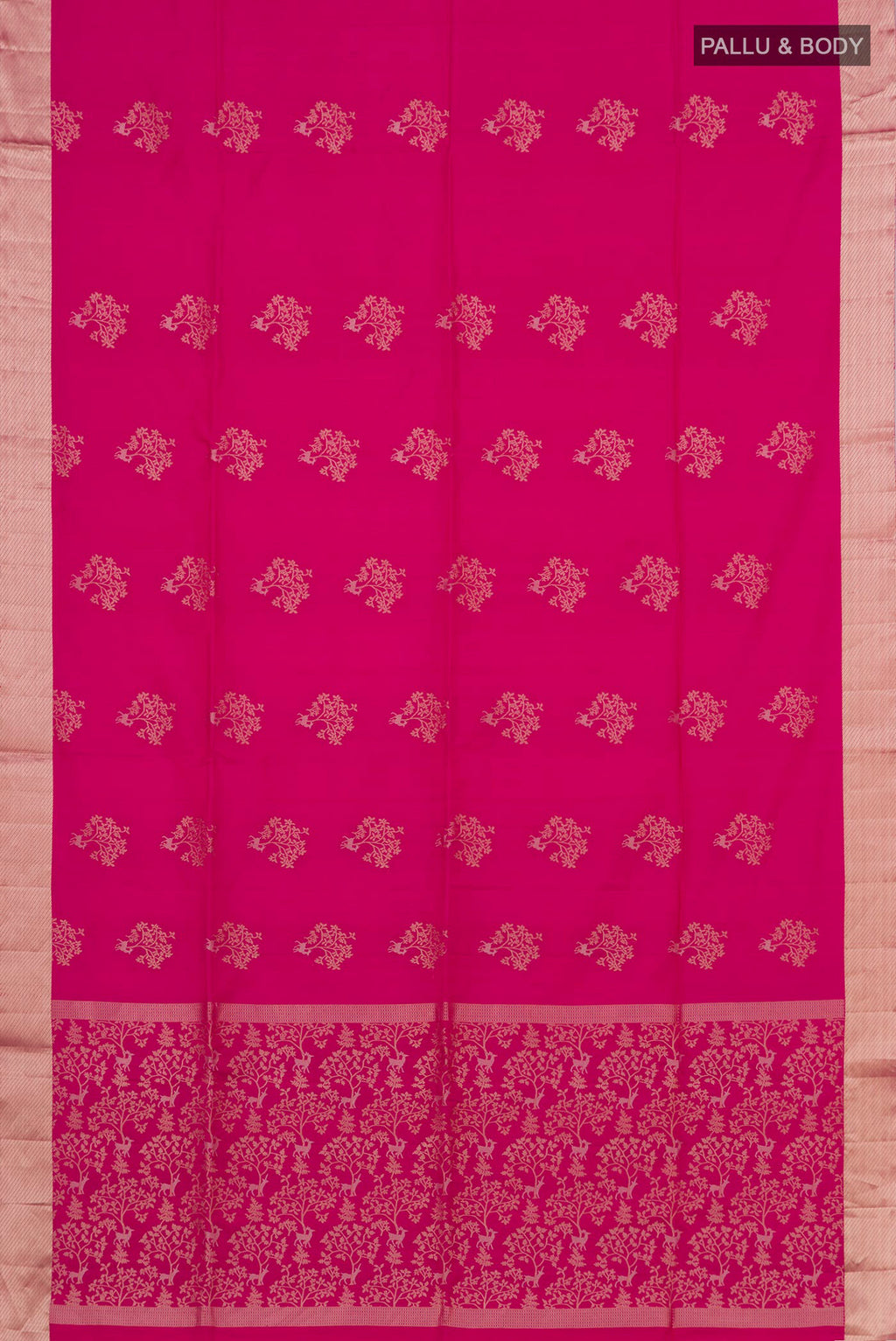 Flat view of Pink Soft Silk Saree with Zari Butta on the body and Zari Border. 