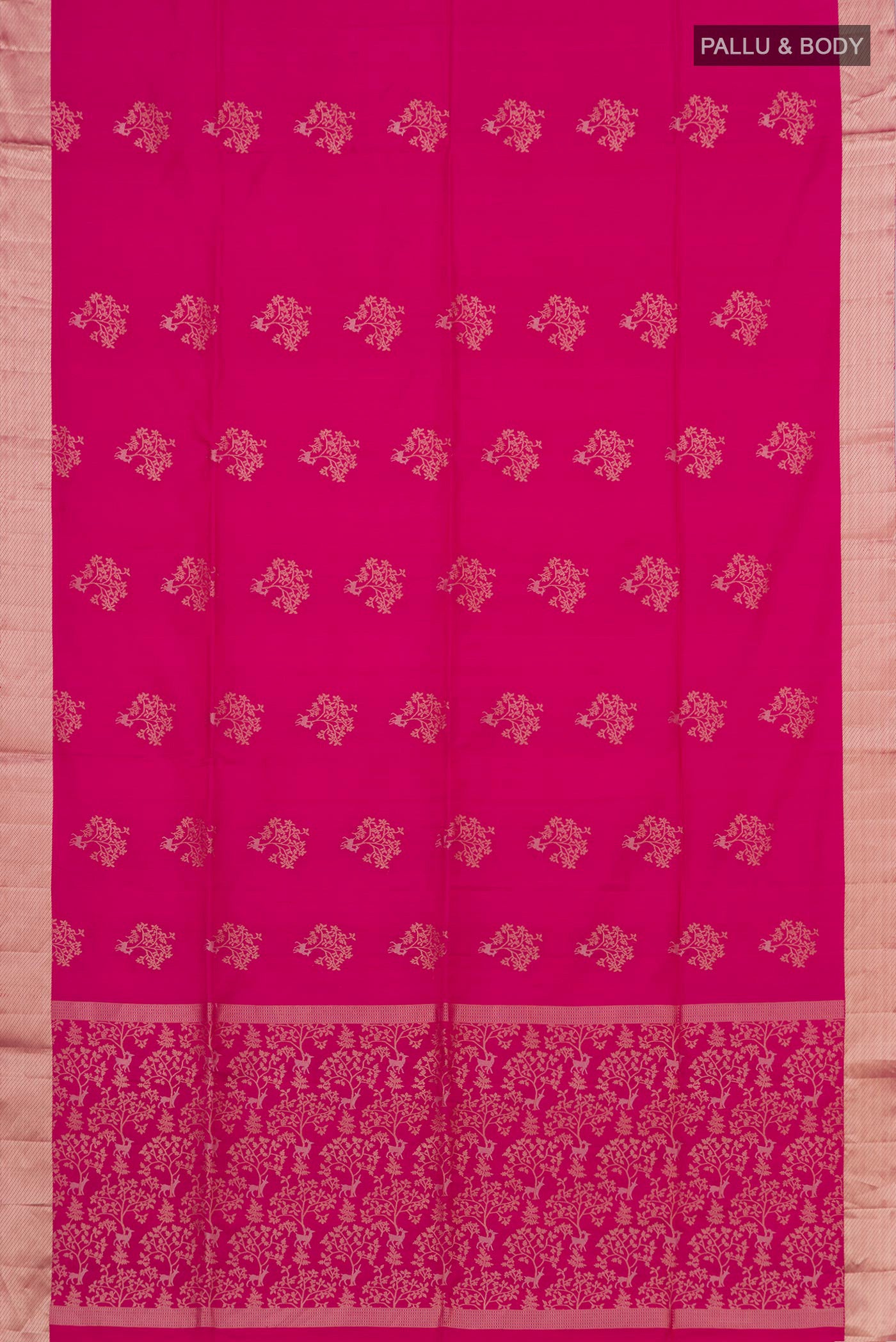 Flat view of Pink Soft Silk Saree with Zari Butta on the body and Zari Border. 