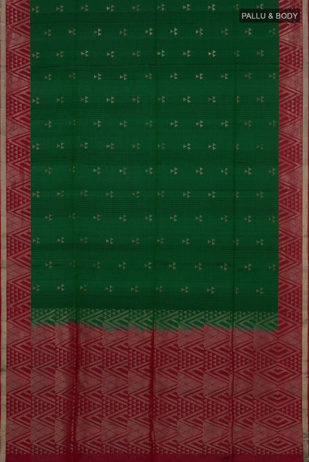 Flat view of Green Soft Silk Saree with Zari Butta on the body and Fancy Border. 