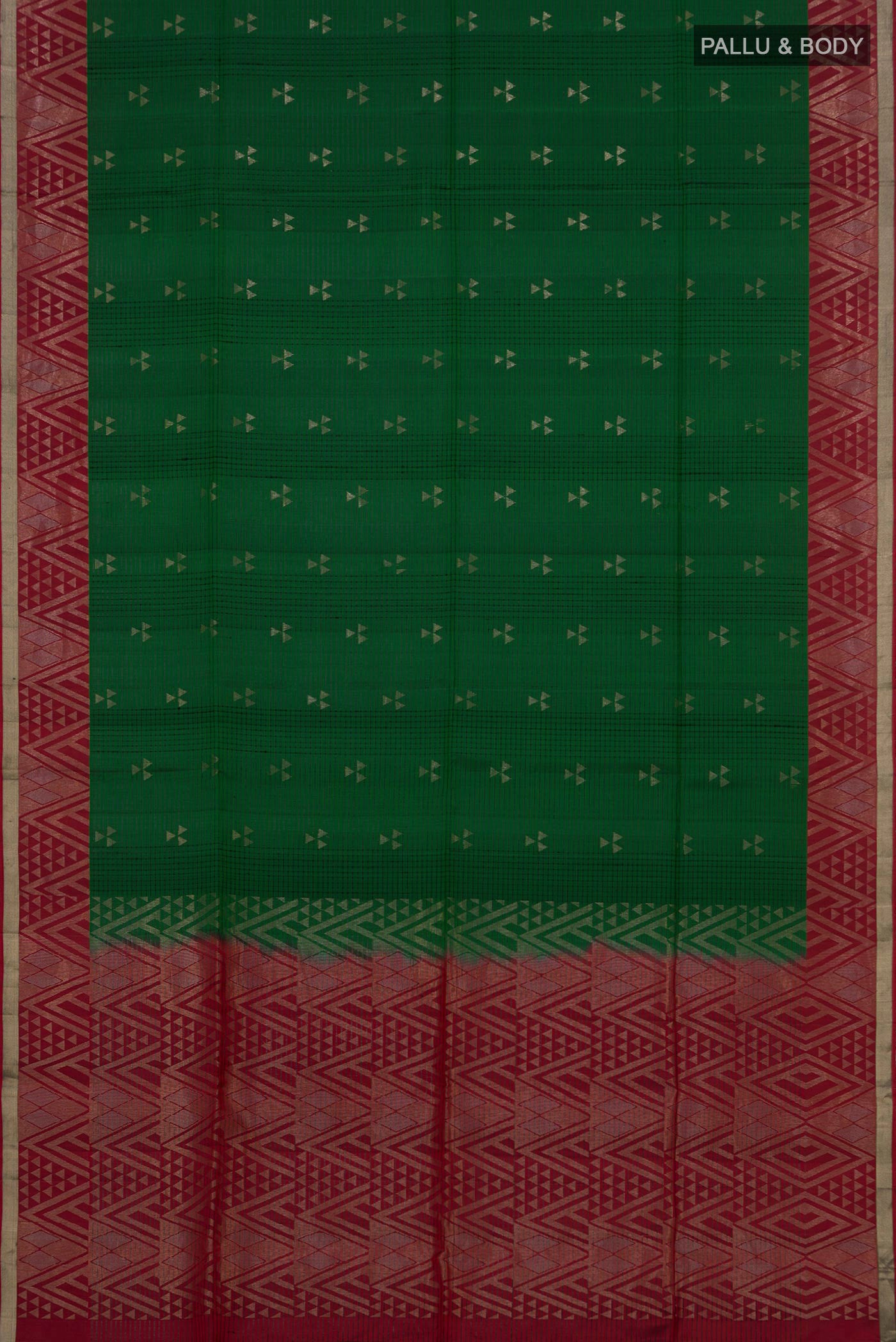 Flat view of Green Soft Silk Saree with Zari Butta on the body and Fancy Border. 