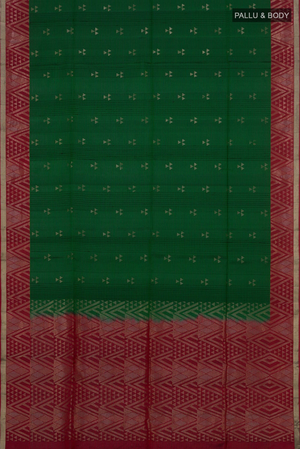Flat view of Green Soft Silk Saree with Zari Butta on the body and Fancy Border. 