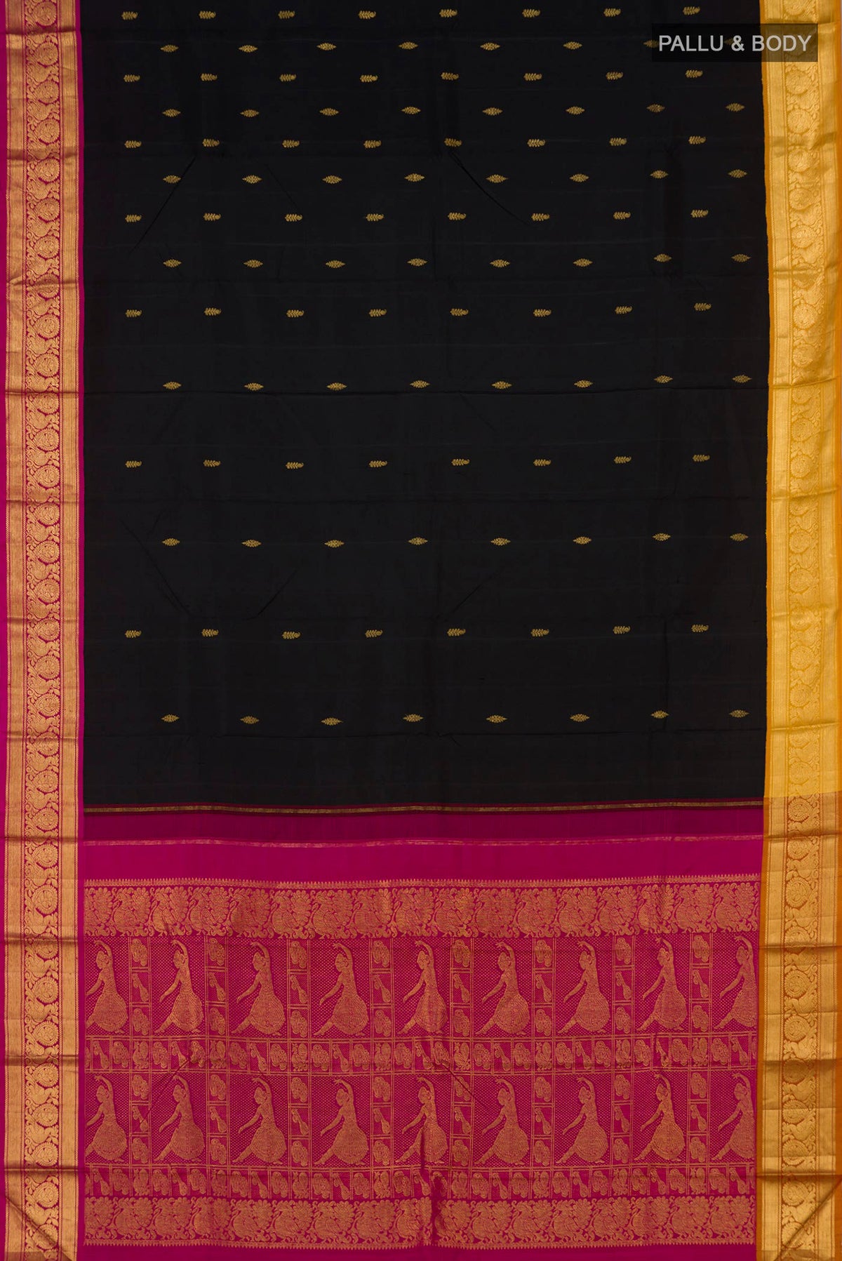 Flat view of Pure Silk Pure Zari Black Kanjivaram Saree with Zari Butta on the body and Zari Border. 