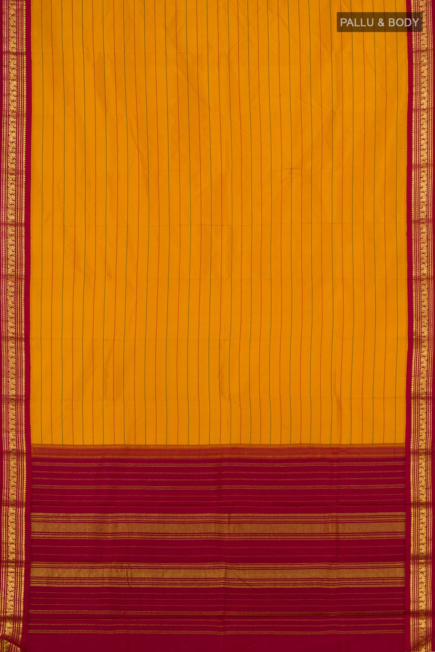 Flat view of Pure Silk Pure Zari Mustard Kanjivaram Saree with Veldhari on the body and Zari Border. 