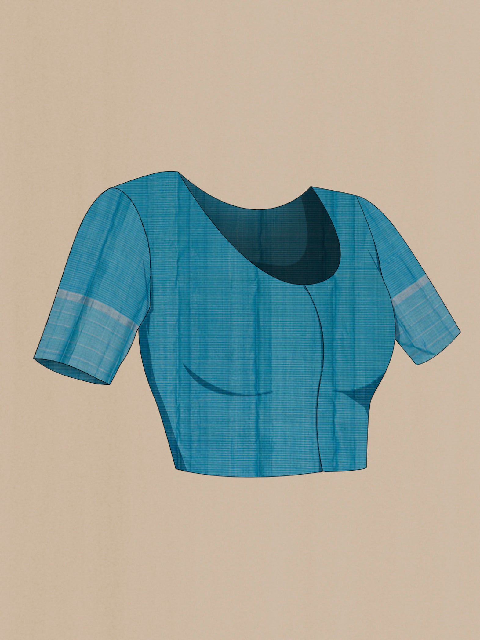 Close up image of the blouse of Pure Silk Pure Zari Blue Kanchipuram Saree with Checked design on the body and Thin Zari Line. 
