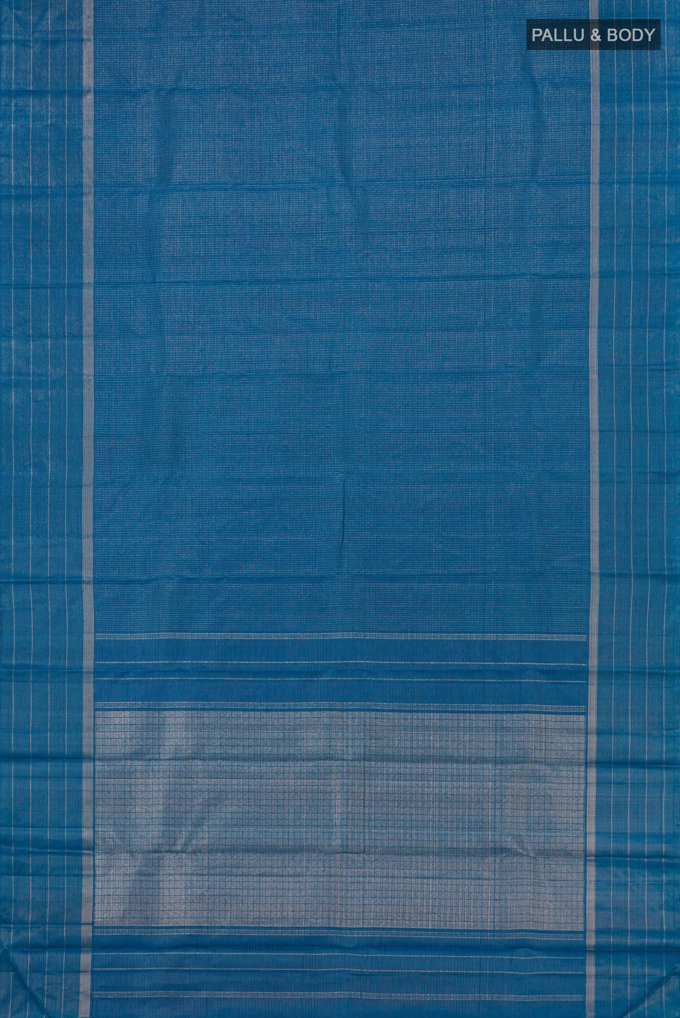 Flat view of Pure Silk Pure Zari Blue Kanchipuram Saree with Checked design on the body and Thin Zari Line. 