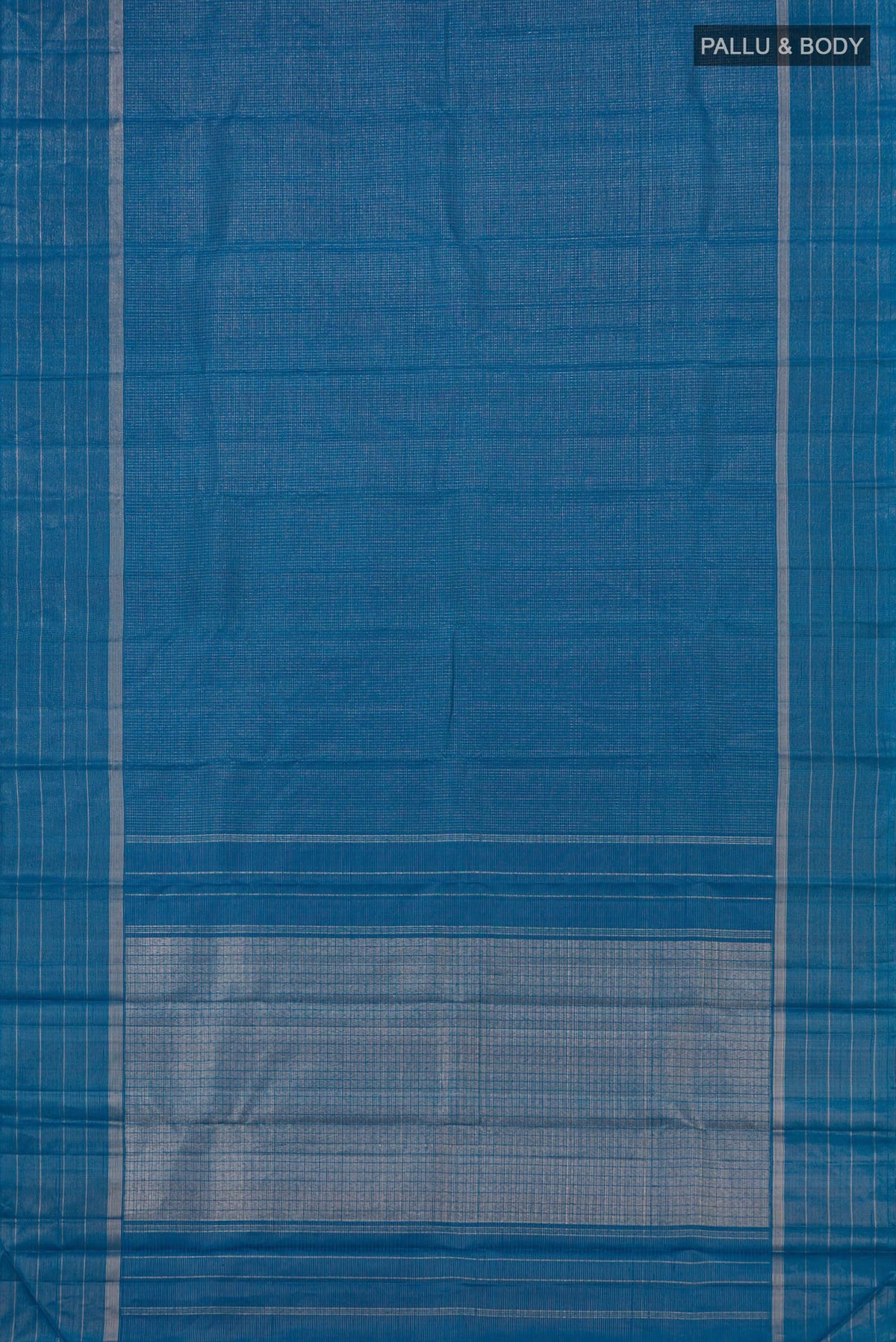 Flat view of Pure Silk Pure Zari Blue Kanchipuram Saree with Checked design on the body and Thin Zari Line. 