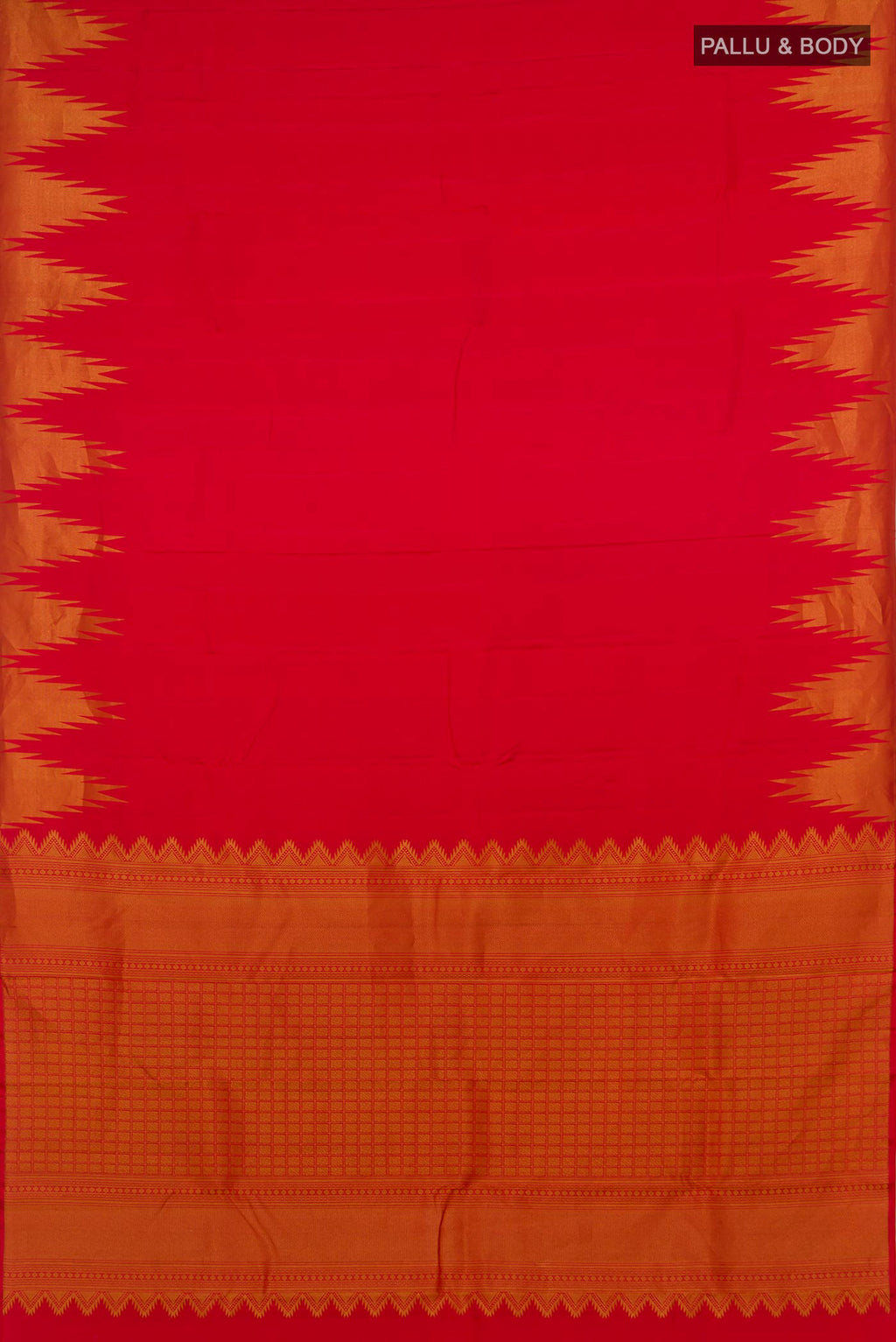 Flat view of Red Kanchipuram Silk Saree with Plain Body and Temple Border. 