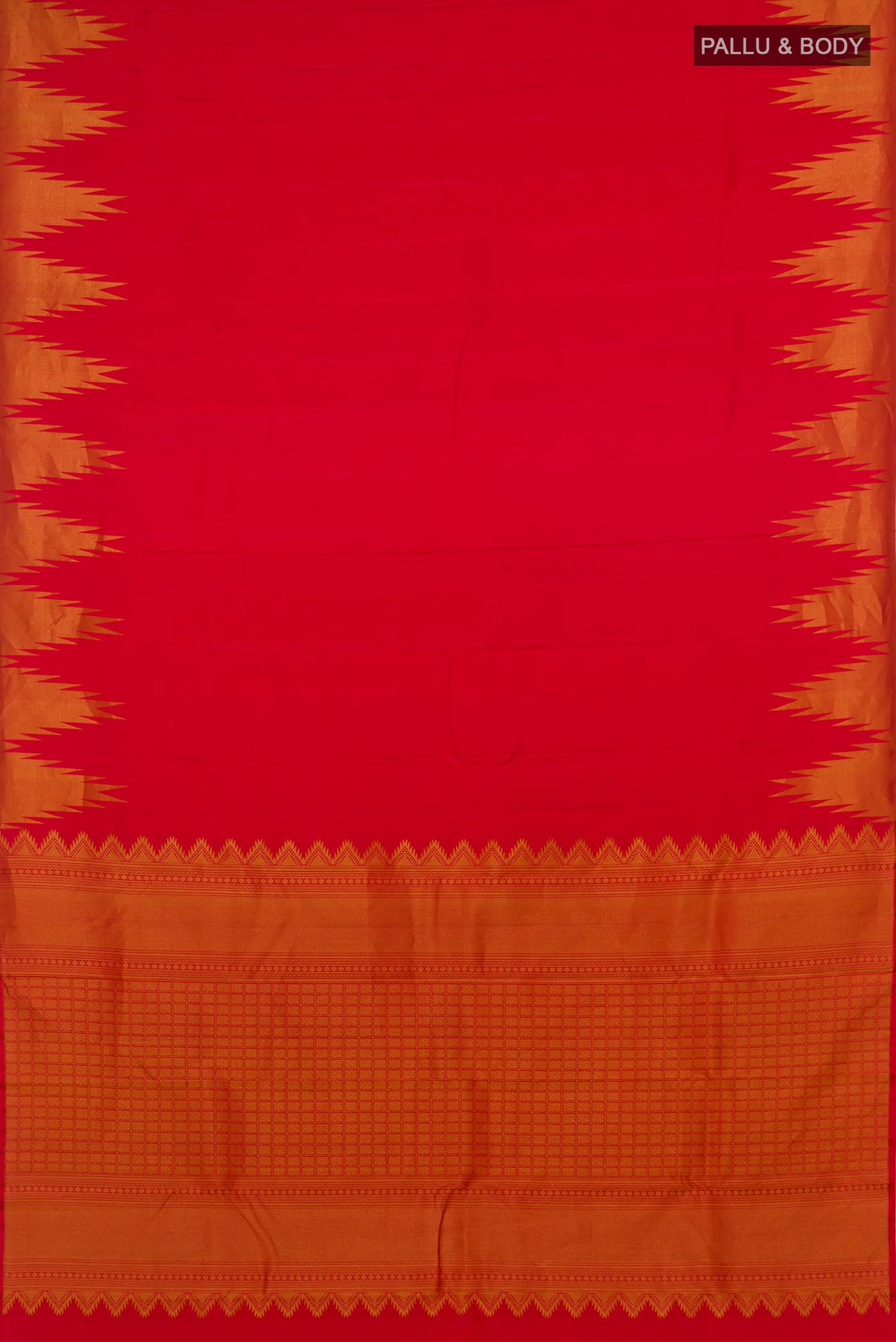 Flat view of Red Kanchipuram Silk Saree with Plain Body and Temple Border. 