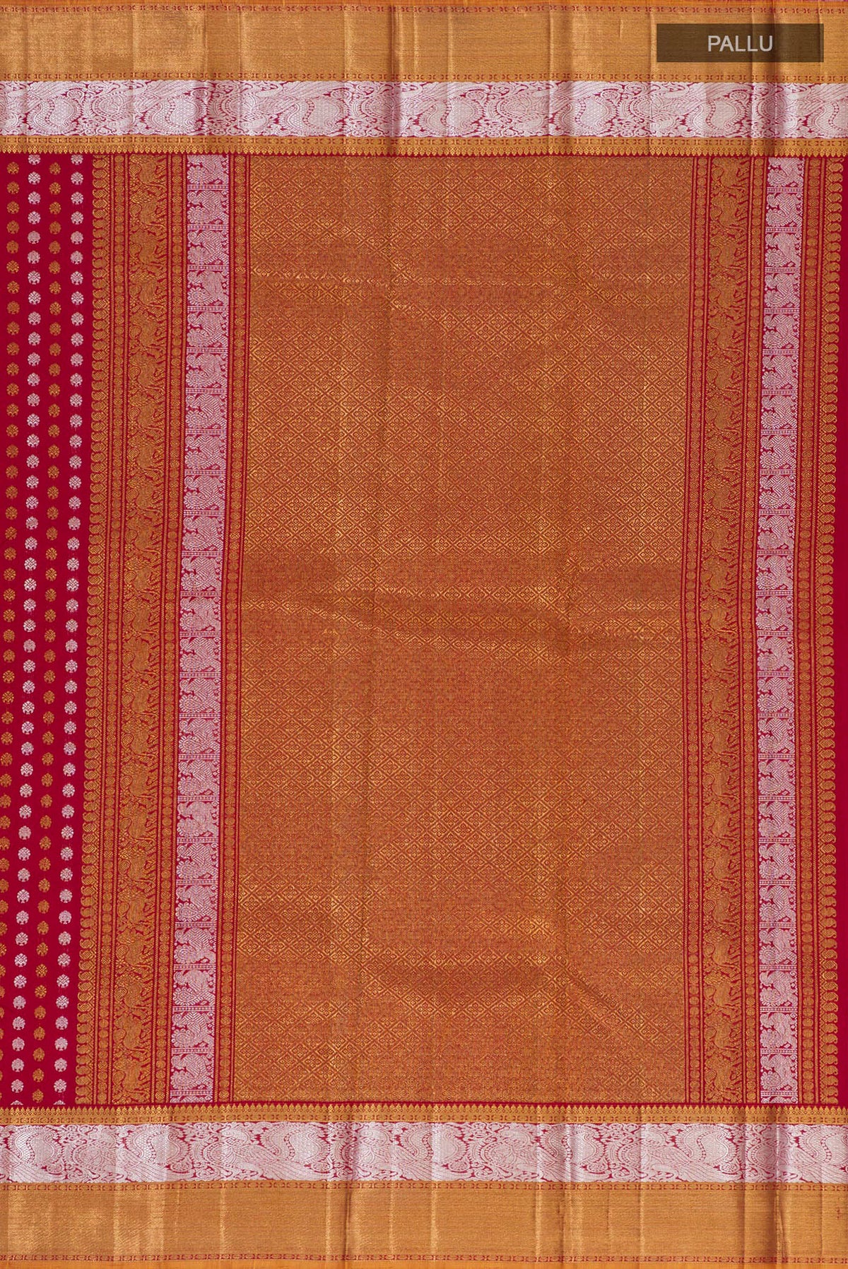 Close up image of the pallu of Maroon Kanchipuram Silk Saree with Zari Butta on the body and Zari Border. 