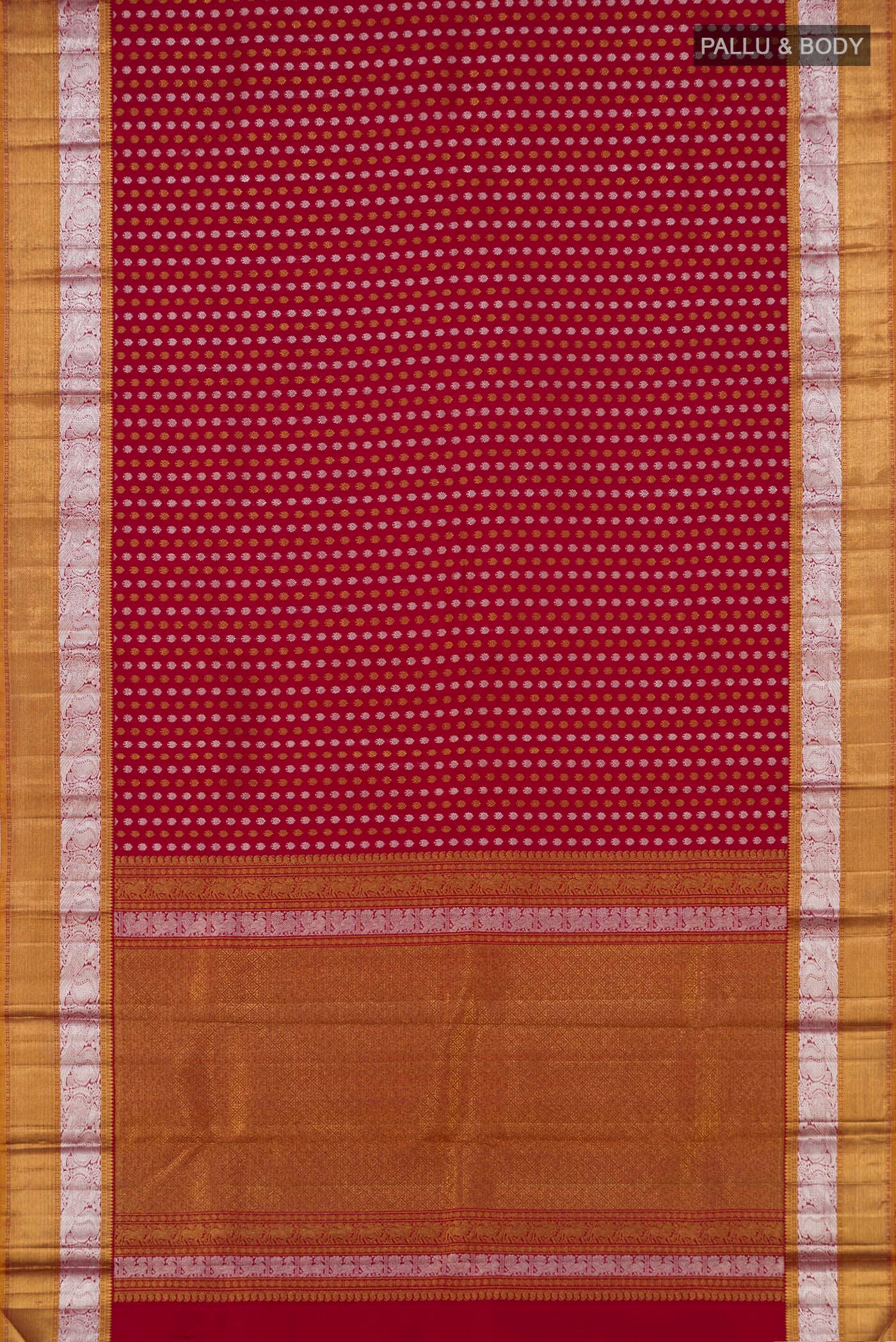Flat view of Maroon Kanchipuram Silk Saree with Zari Butta on the body and Zari Border. 